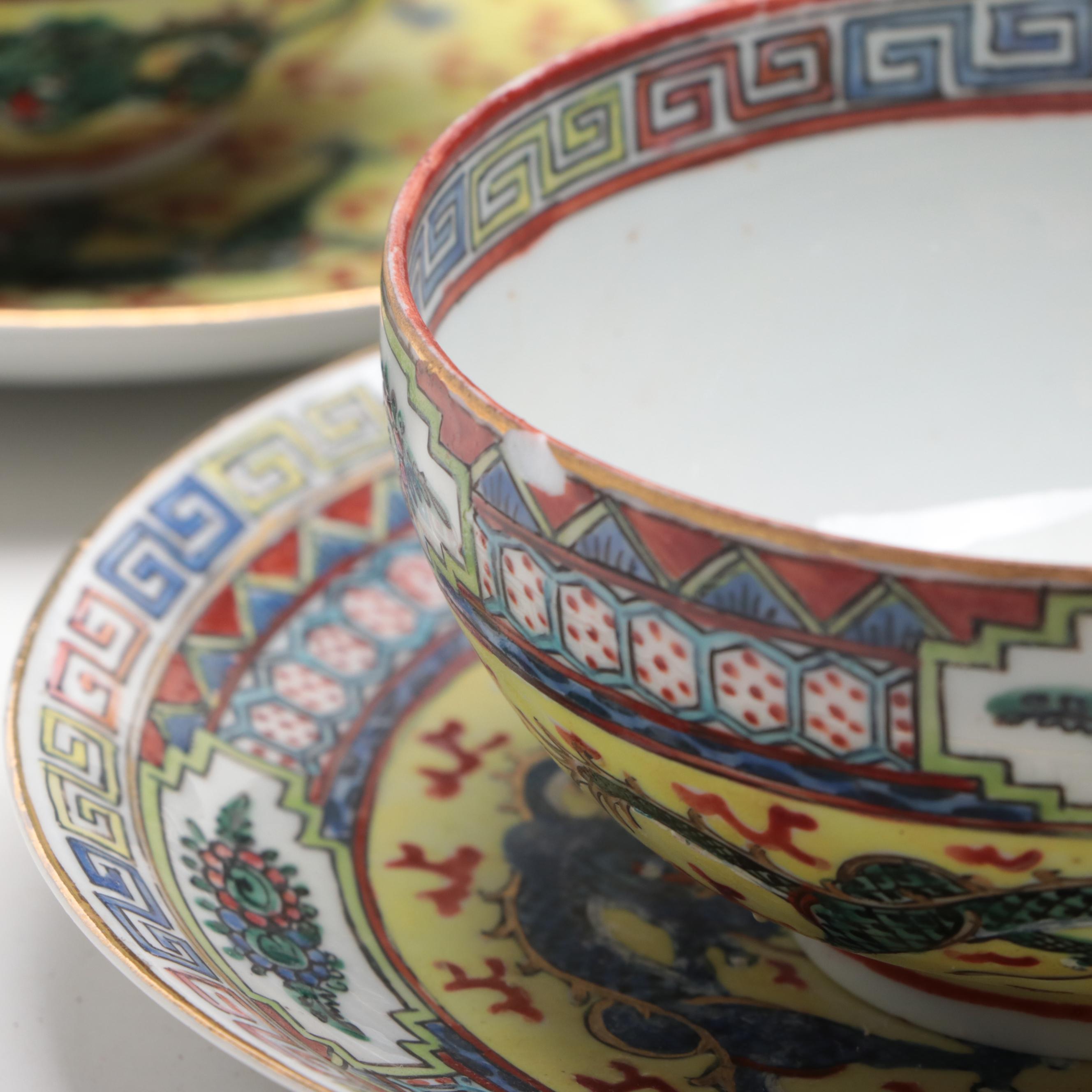 Chinese Famille Jaune Dragon Chasing Pearl Porcelain Tea and Dessert Set