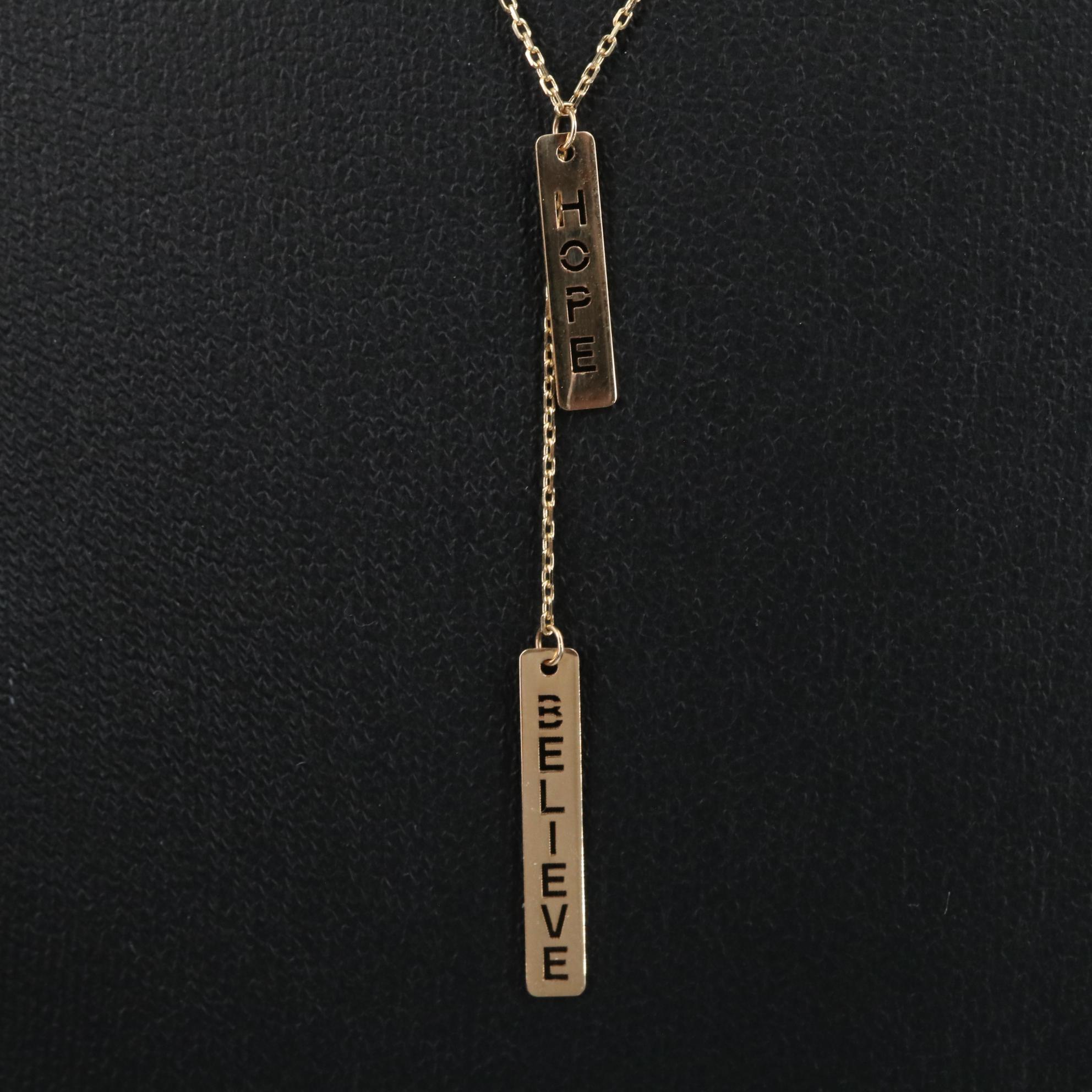 14K "Hope" and "Believe" Bar Lariat Necklace