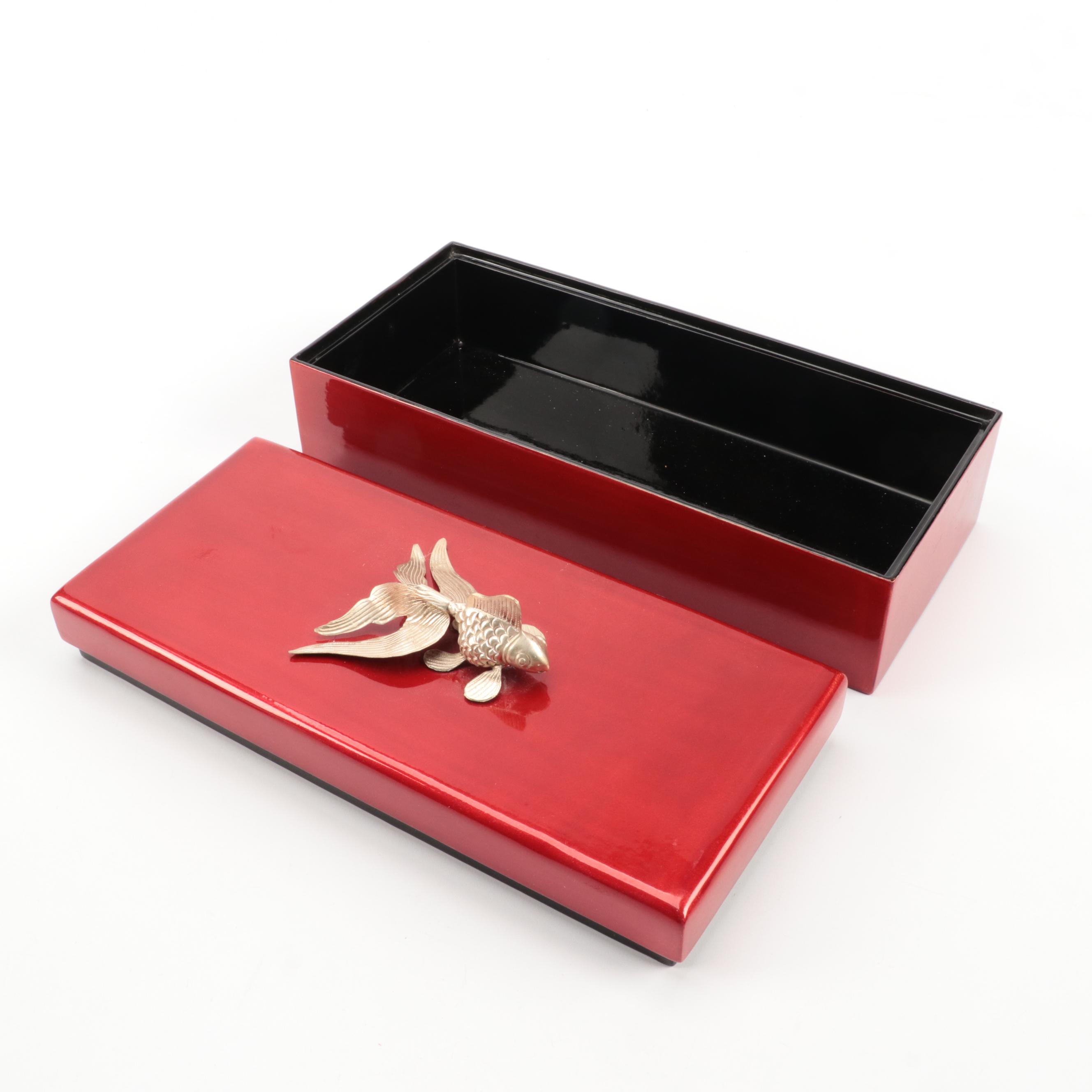 East Asian Red Lacquerware Tray, Box and Coaster