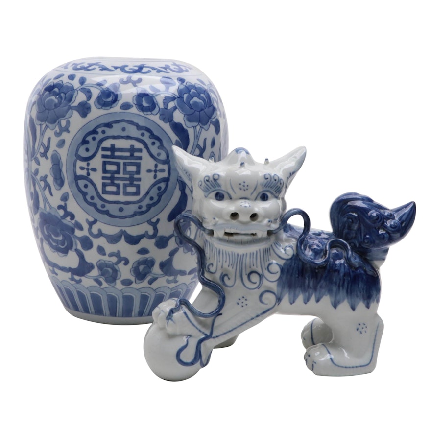 Chinese Double Happiness Ginger Jar with Guardian Lion Figure
