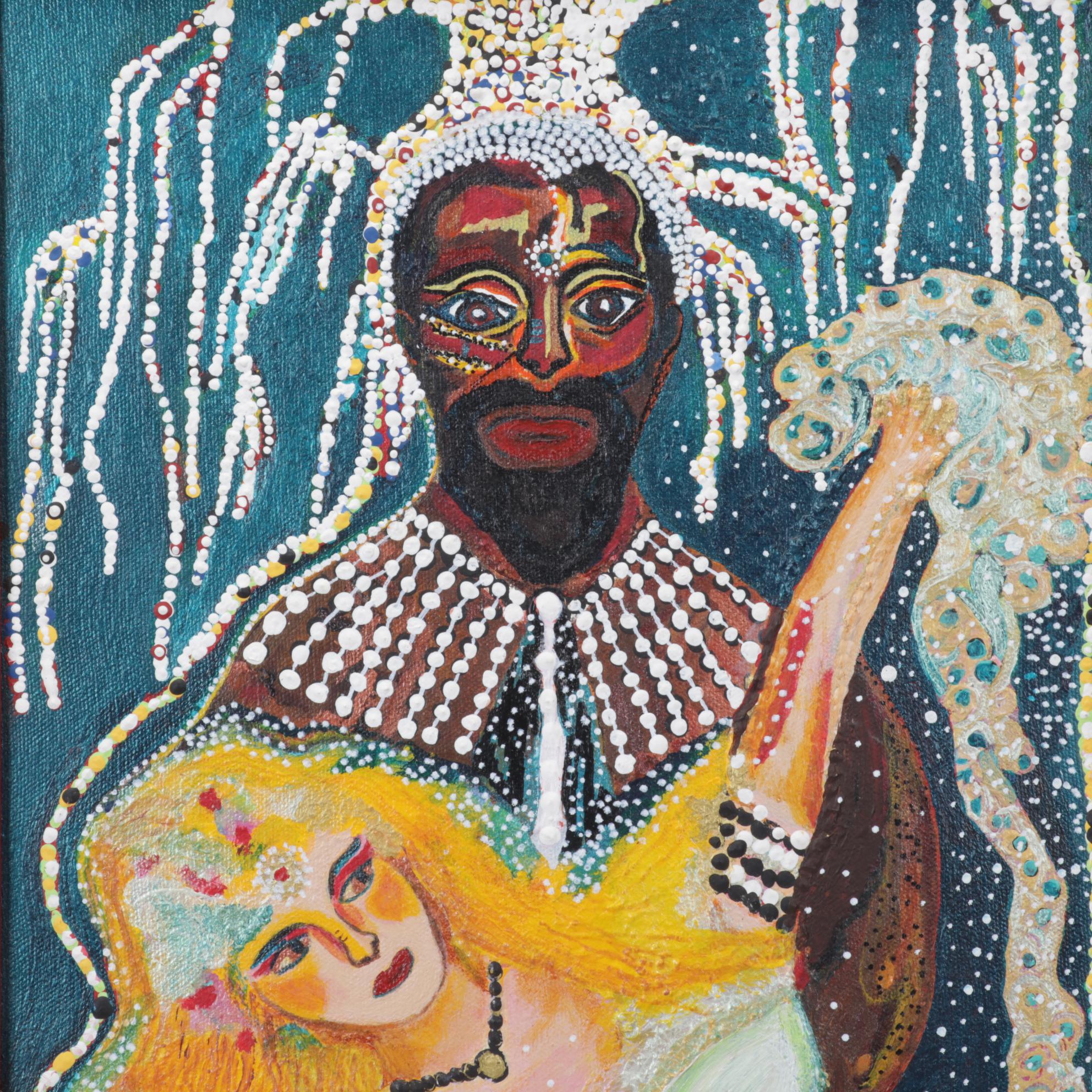 Folk Art Acrylic Painting of Dancing Couple, Late 20th Century