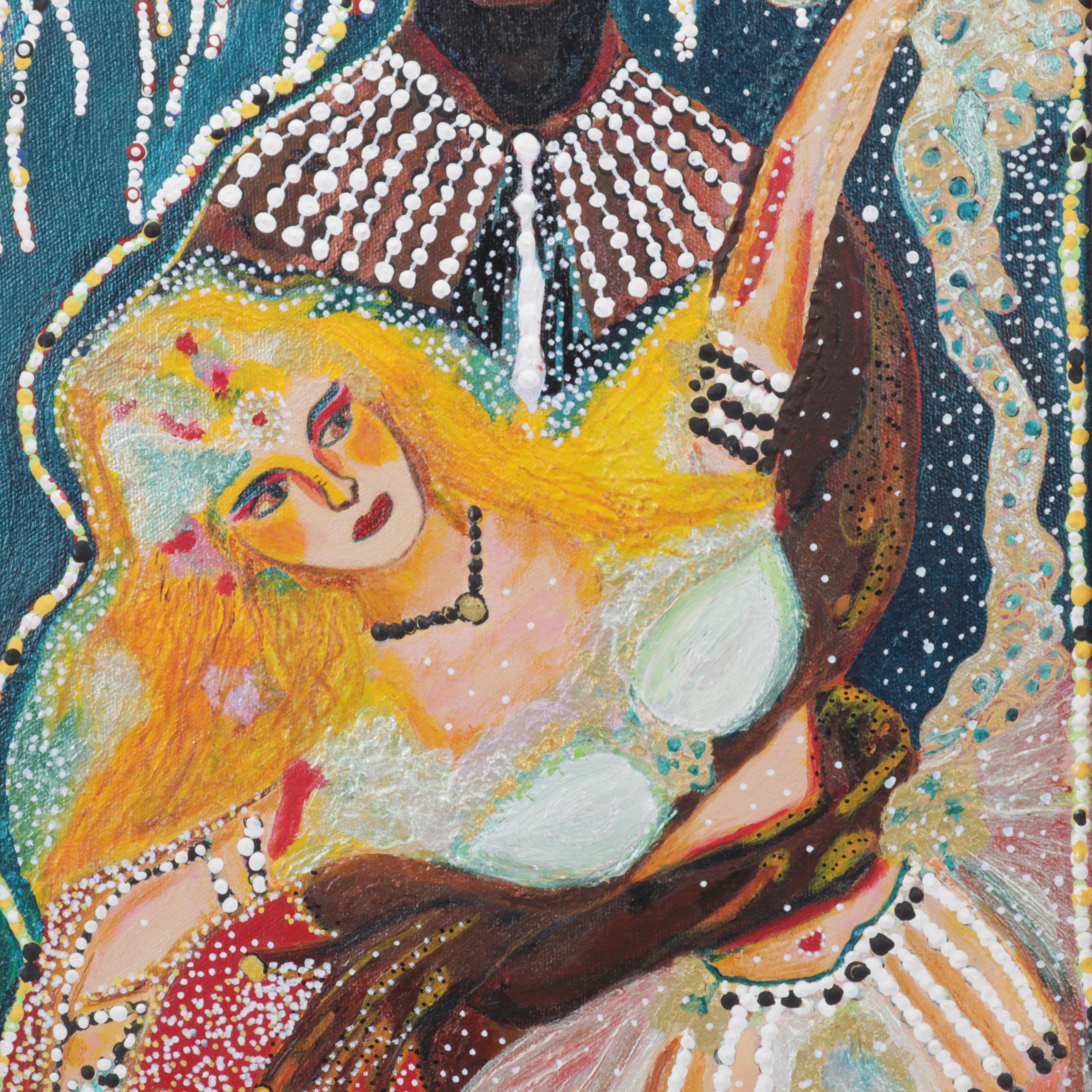 Folk Art Acrylic Painting of Dancing Couple, Late 20th Century