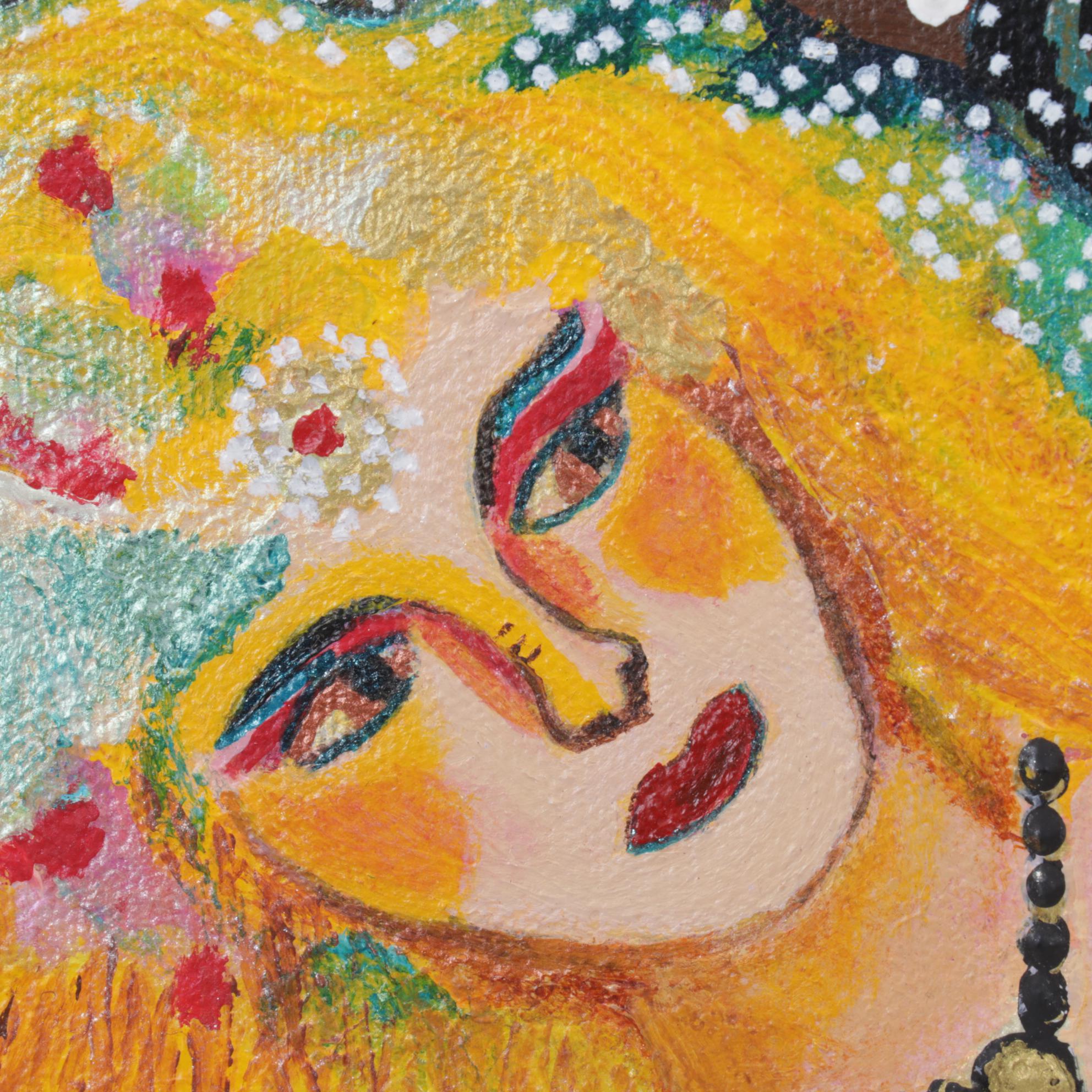 Folk Art Acrylic Painting of Dancing Couple, Late 20th Century