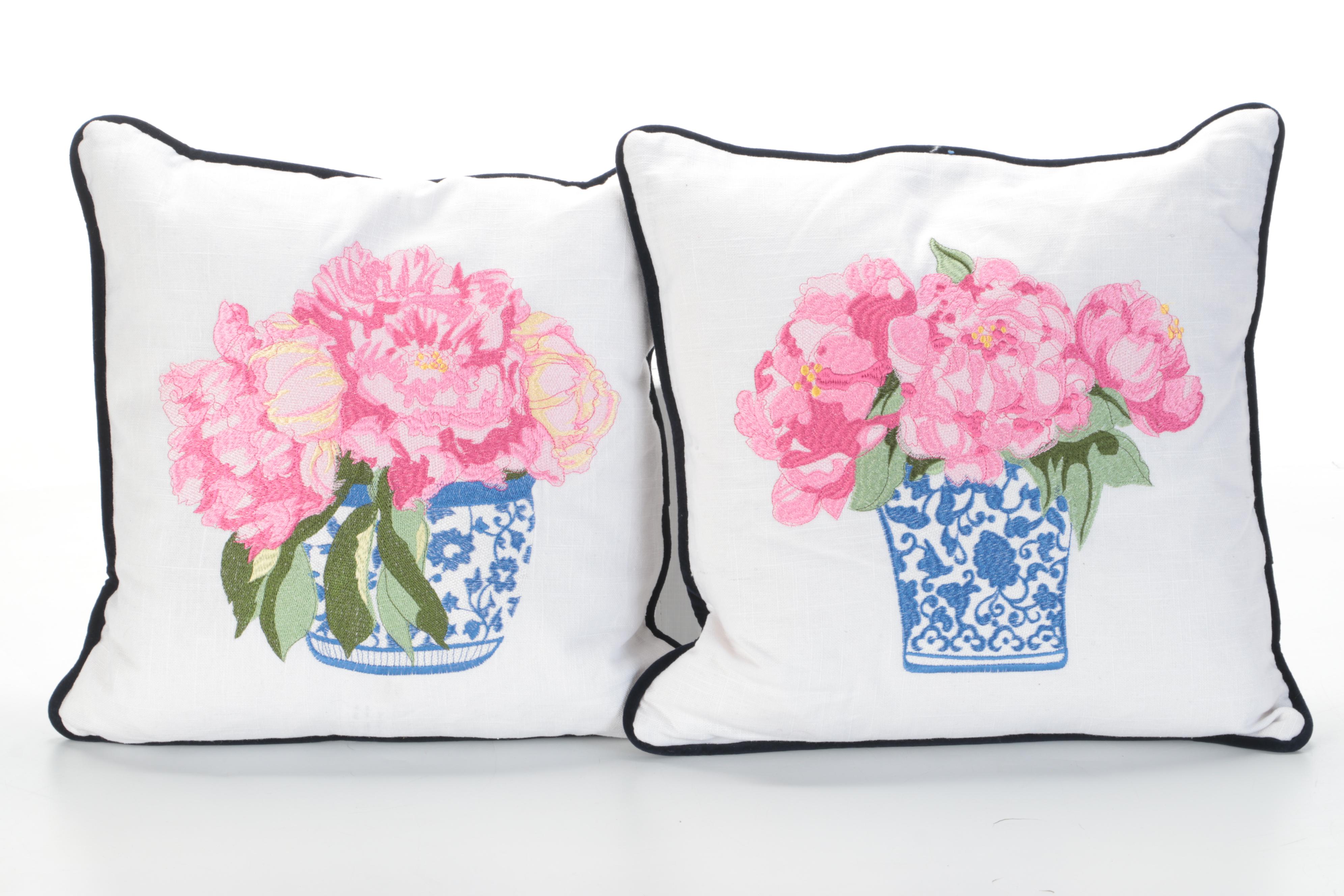 Sally Eckman Roberts Ming Vase & Peonies, Ginger Jar Embroidered Accent Pillows