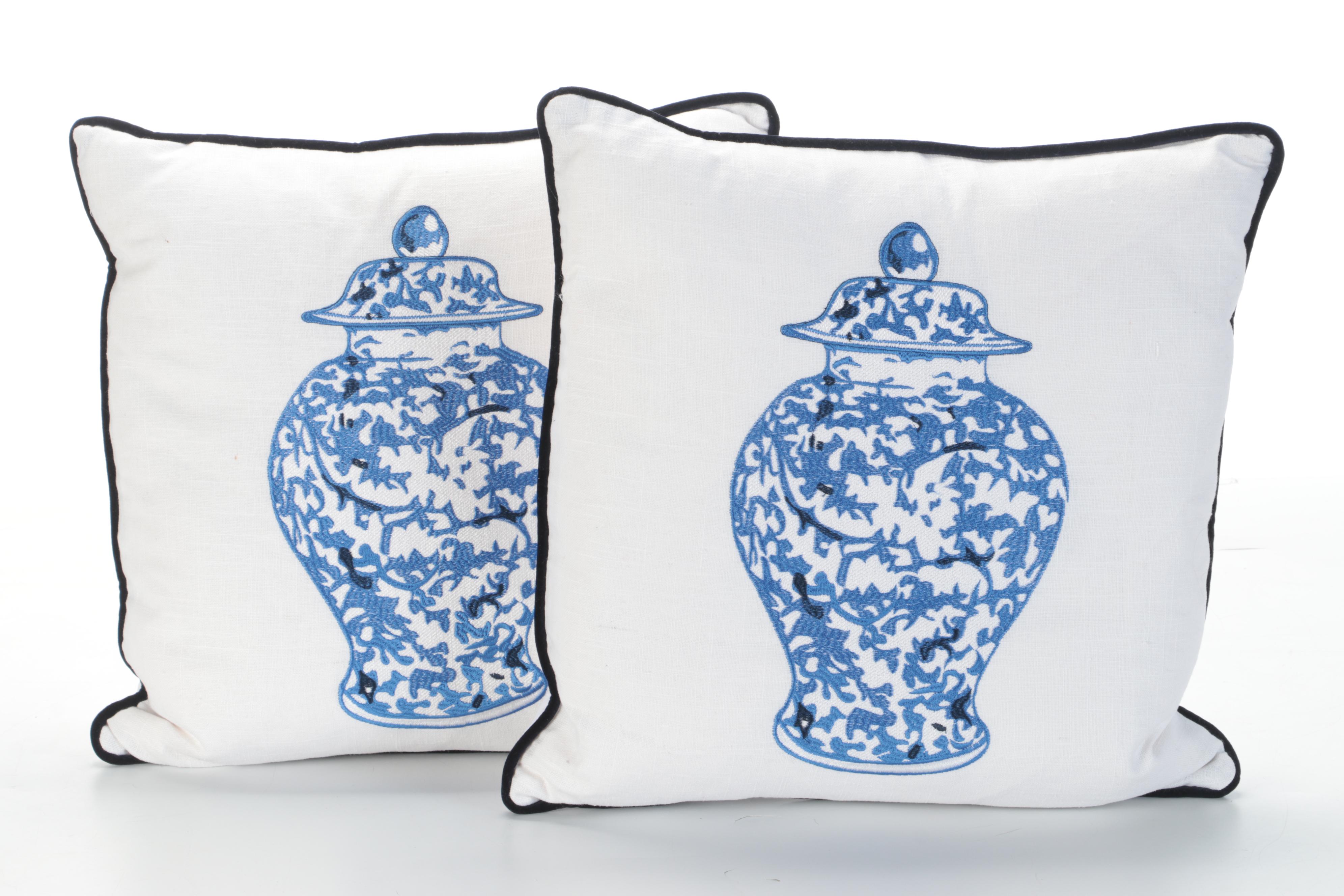 Sally Eckman Roberts Ming Vase & Peonies, Ginger Jar Embroidered Accent Pillows