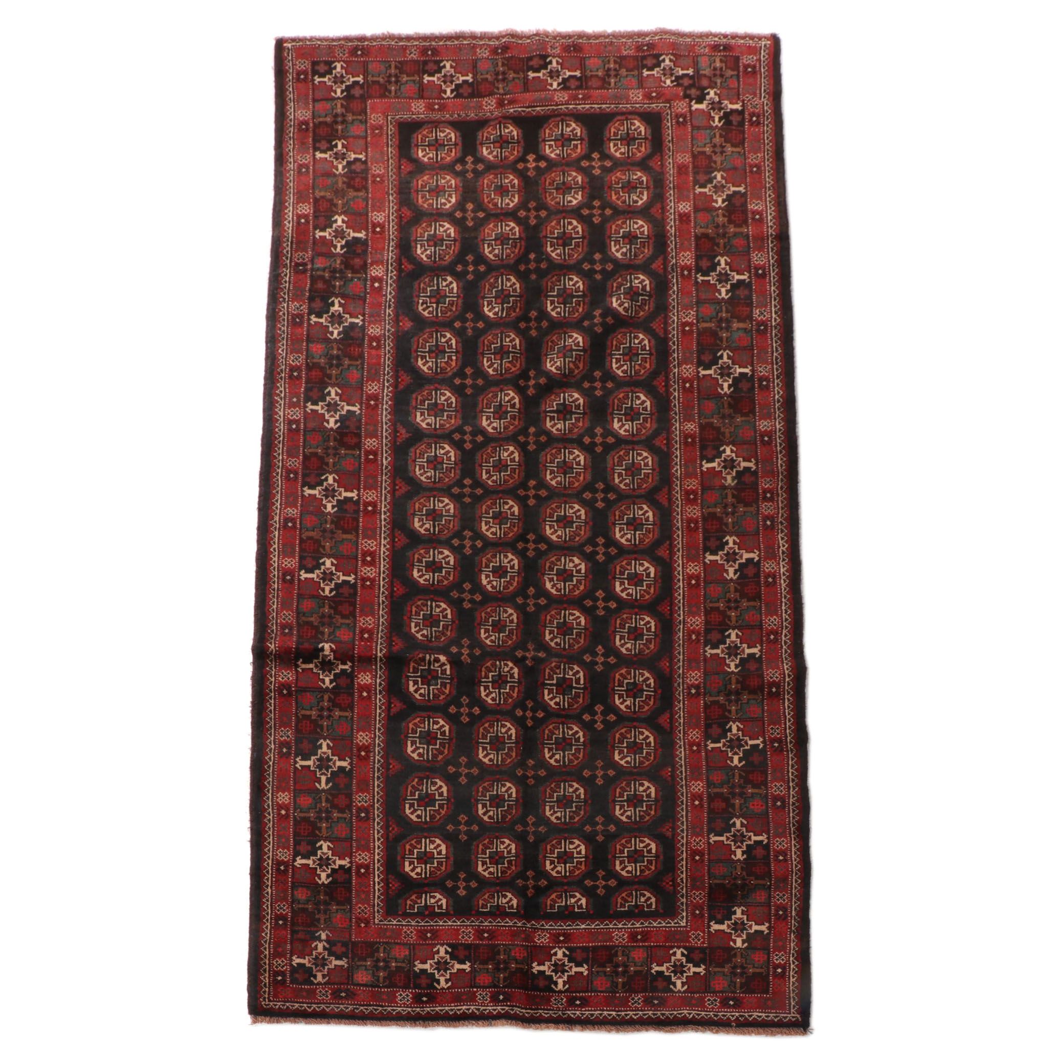 4'2 x 9'6 Hand-Knotted Afghan Baluch Turkmen Gul Style Area Rug