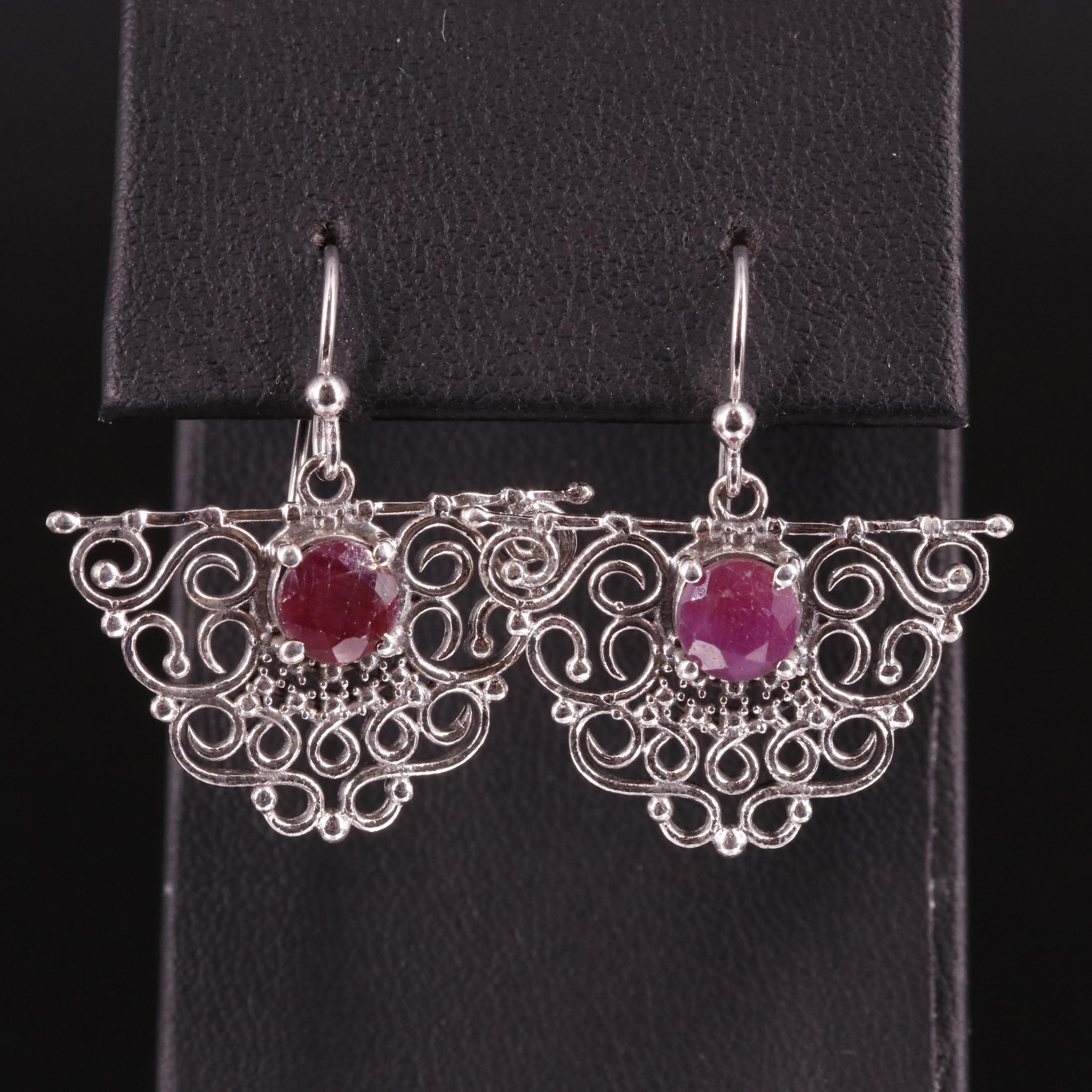Sterling Scrollwork and Filled Corundum Earrings