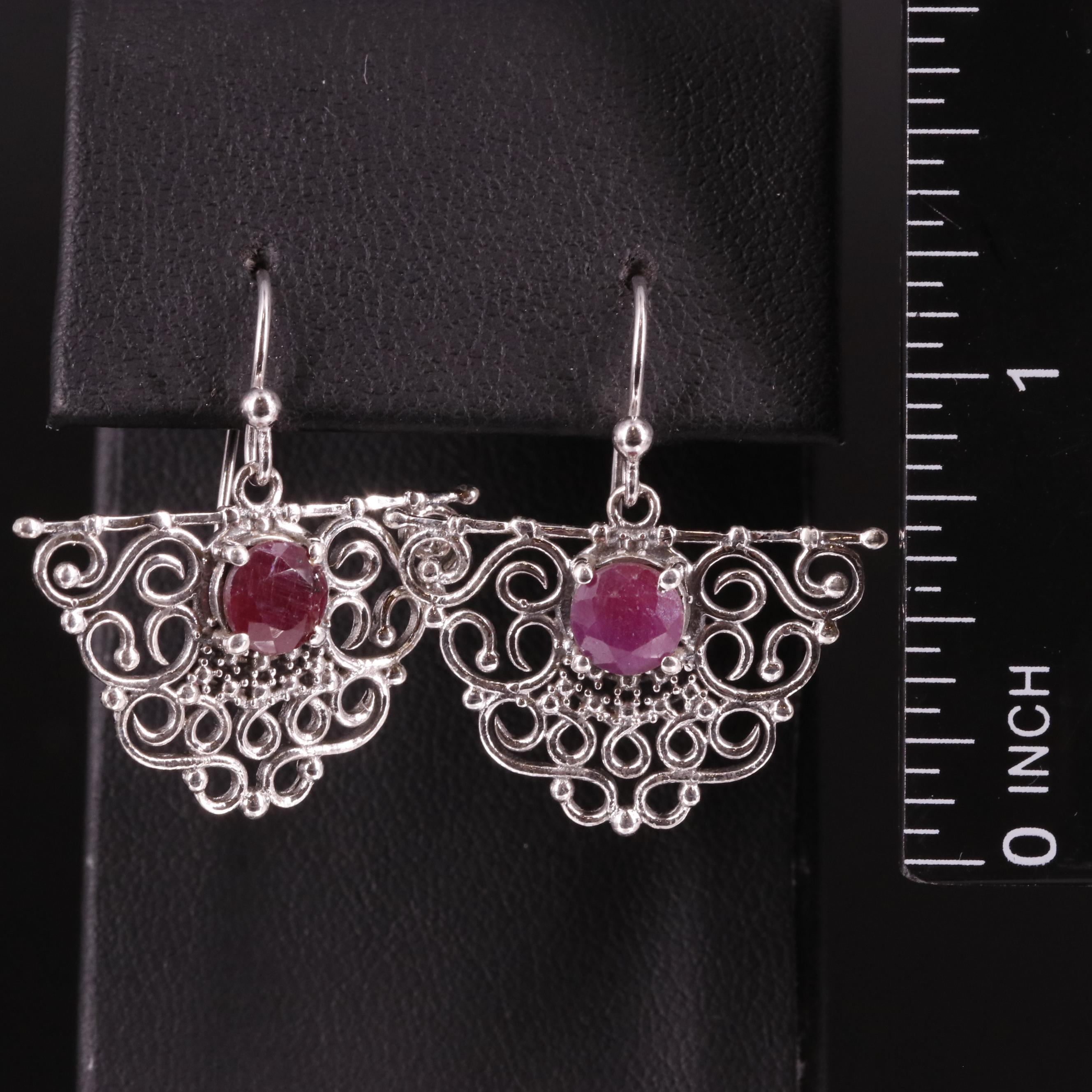 Sterling Scrollwork and Filled Corundum Earrings
