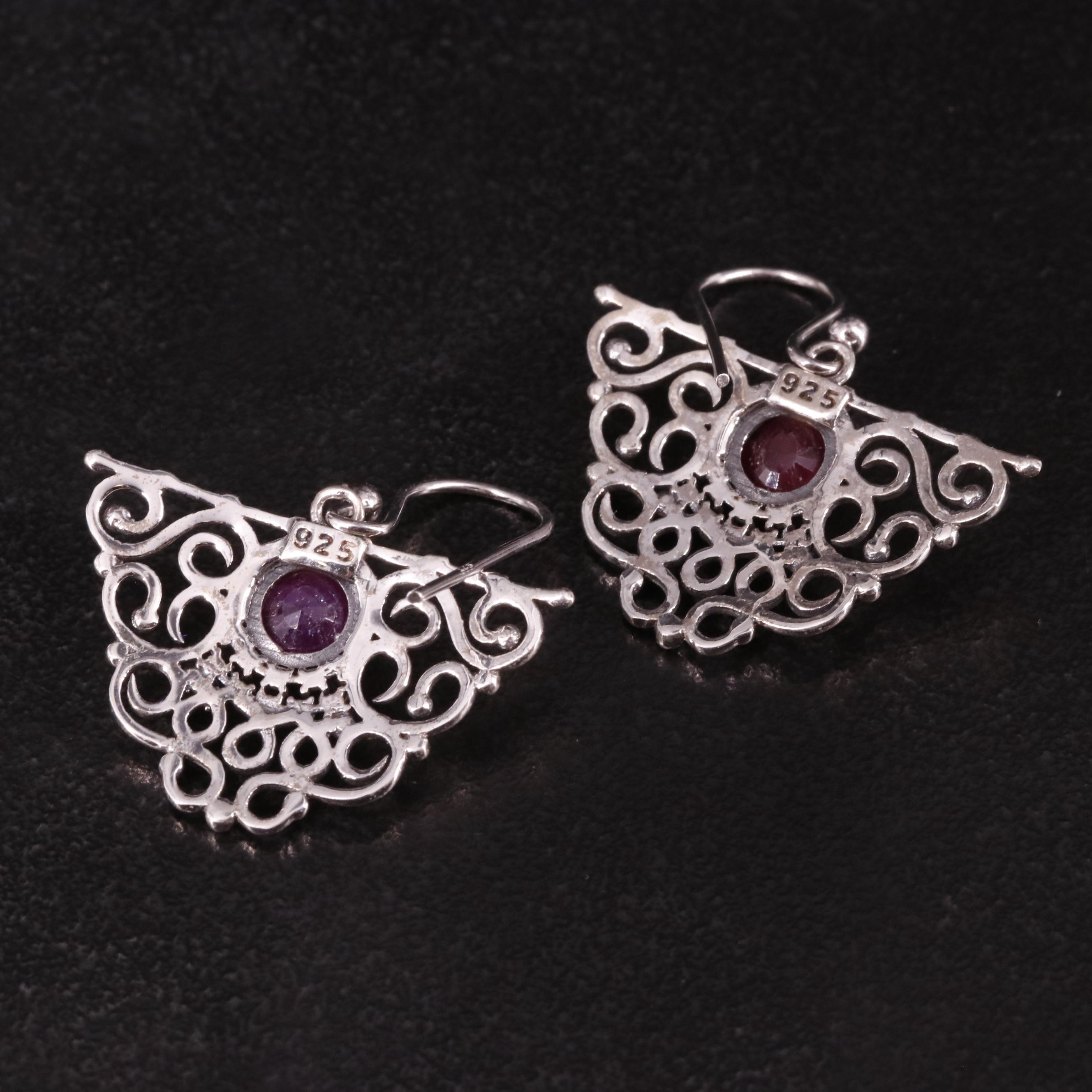 Sterling Scrollwork and Filled Corundum Earrings