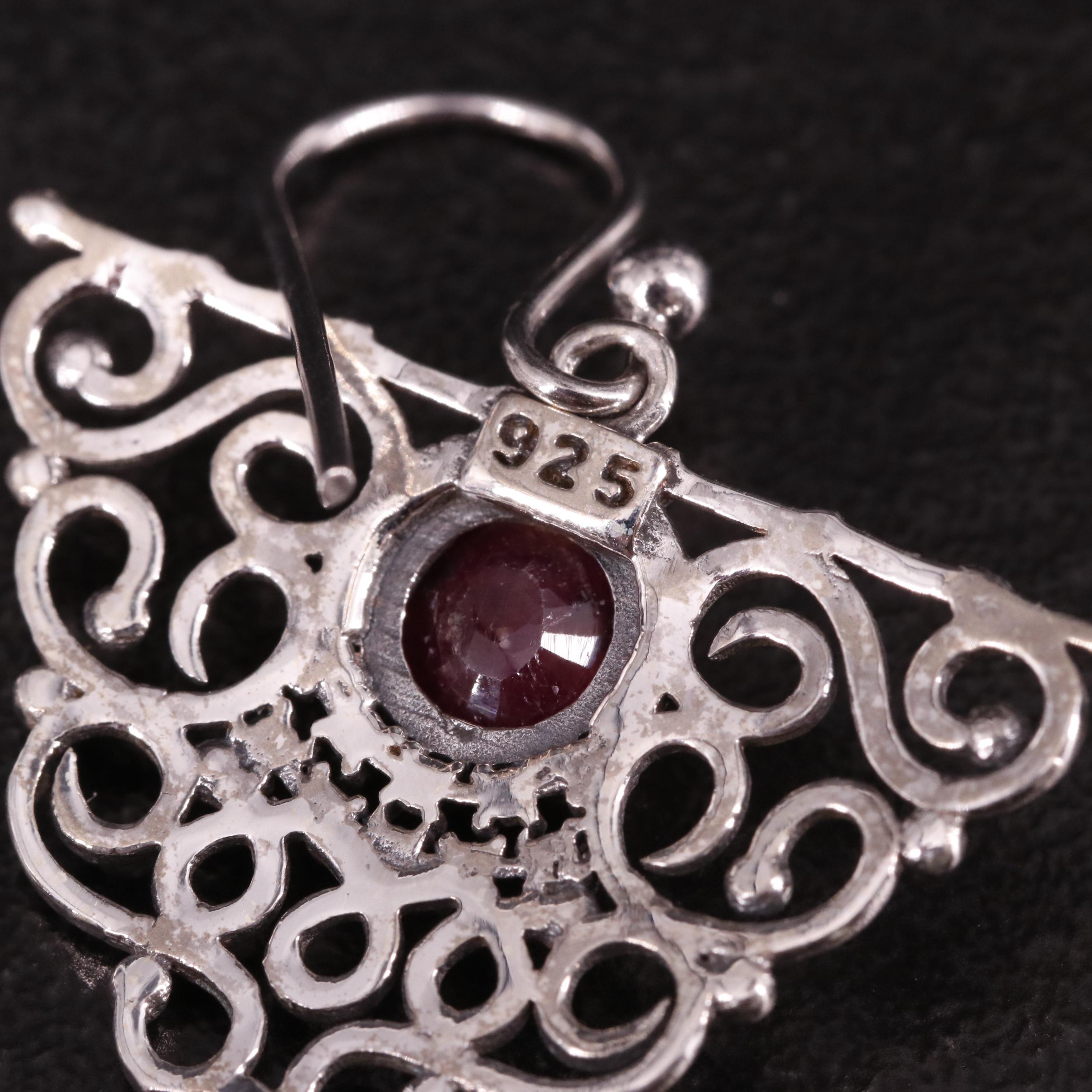 Sterling Scrollwork and Filled Corundum Earrings