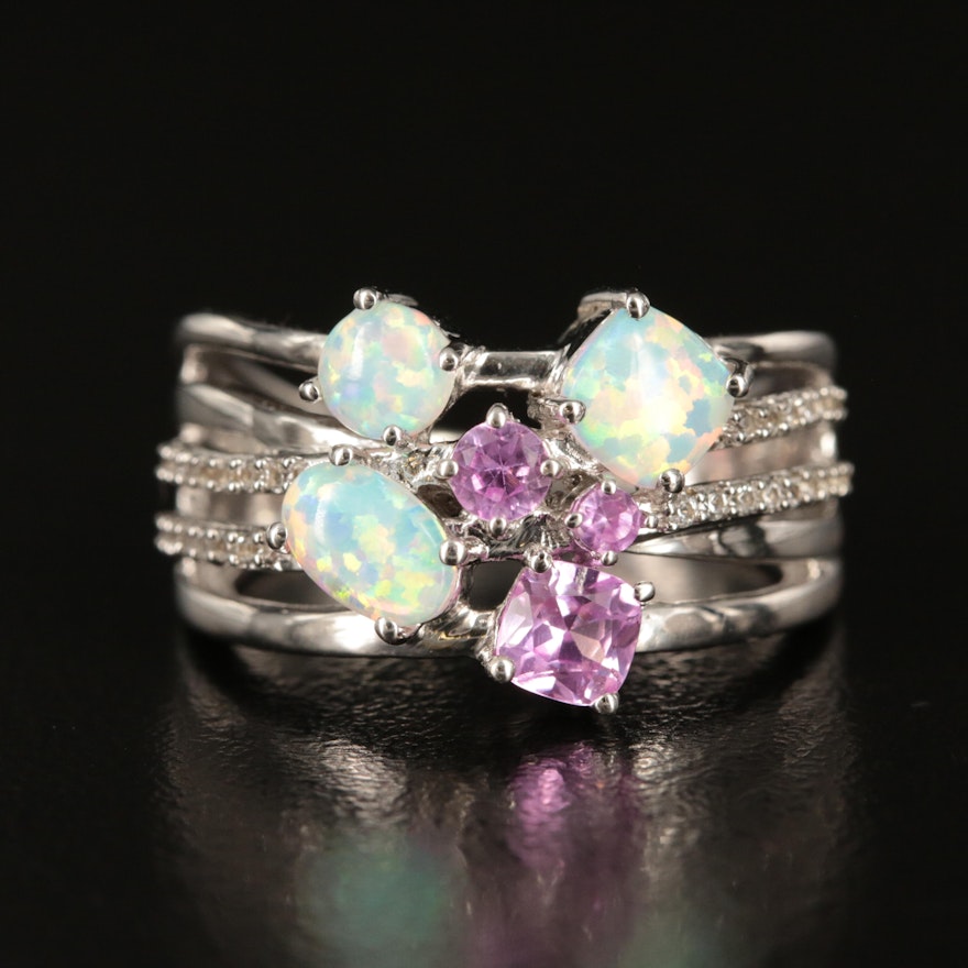 Sterling Opal, Pink and White Sapphire Ring