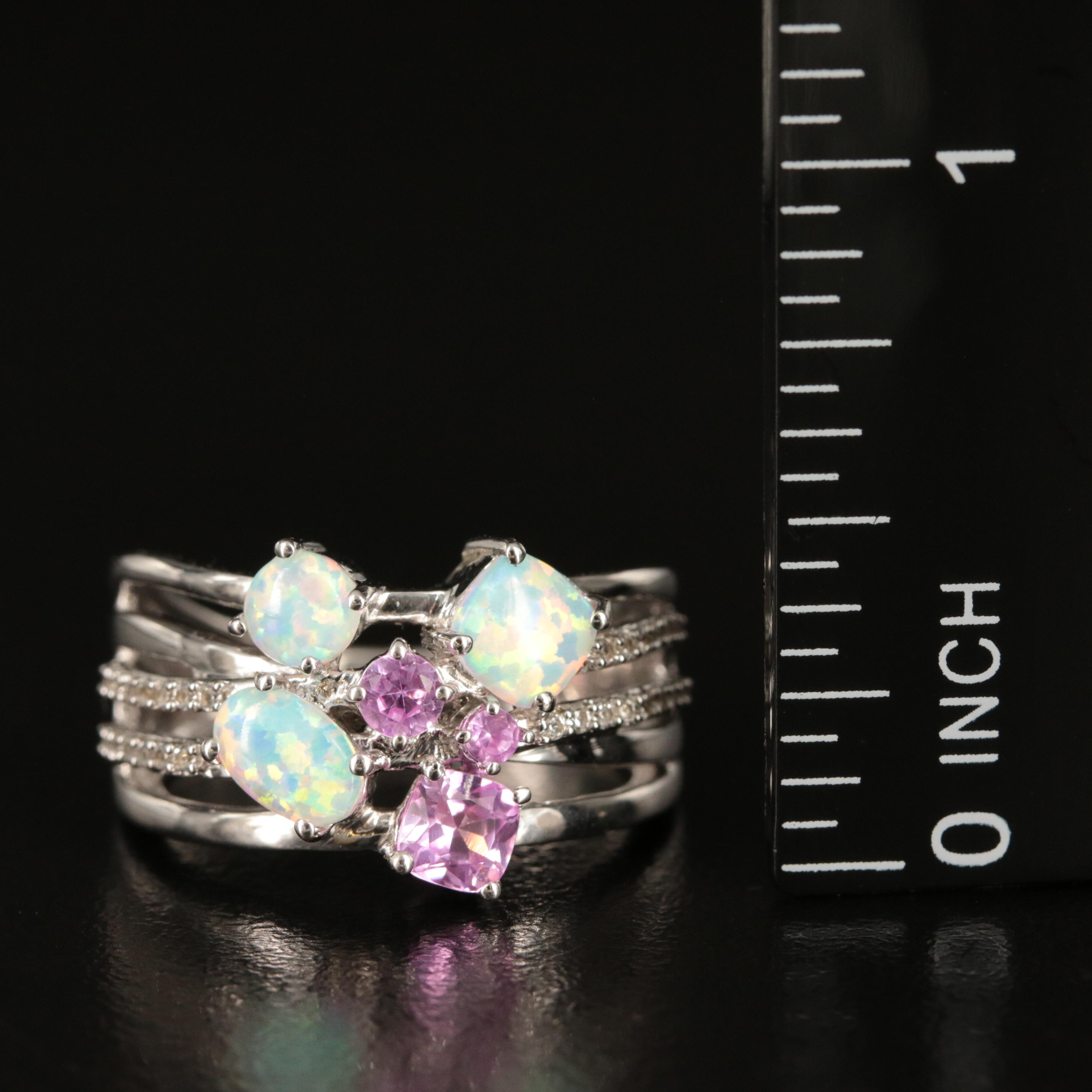 Sterling Opal, Pink and White Sapphire Ring