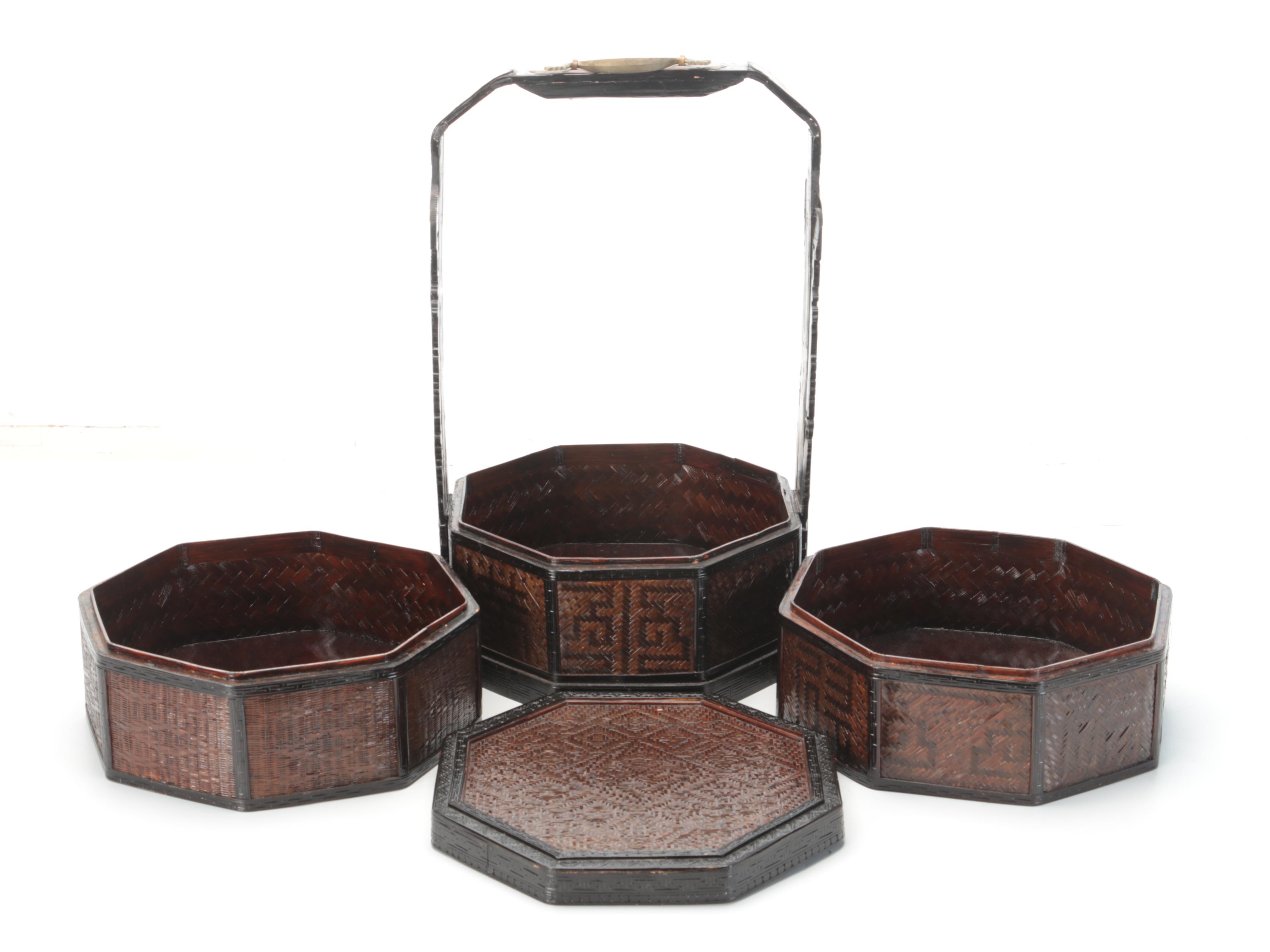 Chinese Wood, Cane and Brass Three-Stack Basket