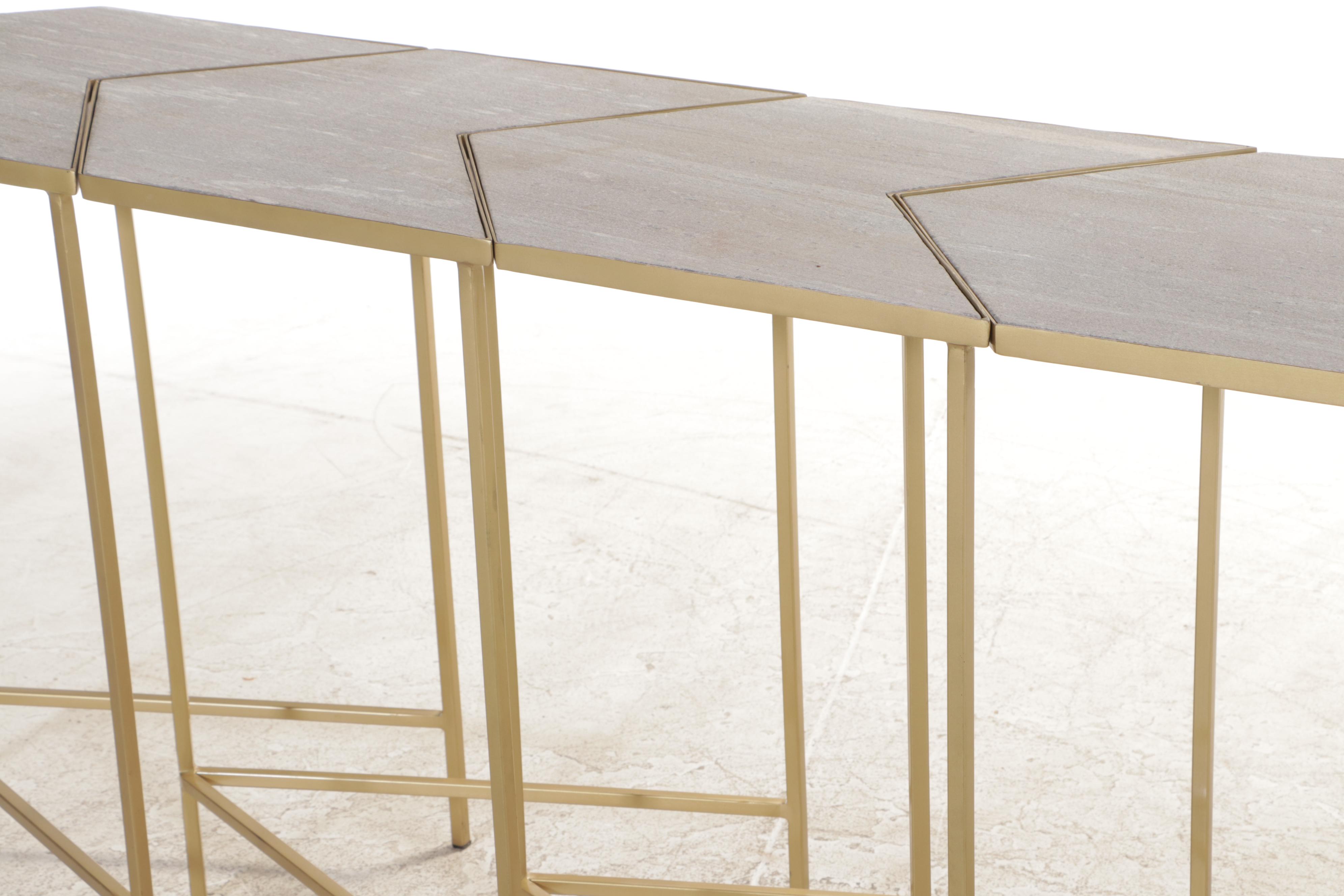 Four Contemporary Chevron-Shaped Stone and Gold-Painted Metal Side Tables
