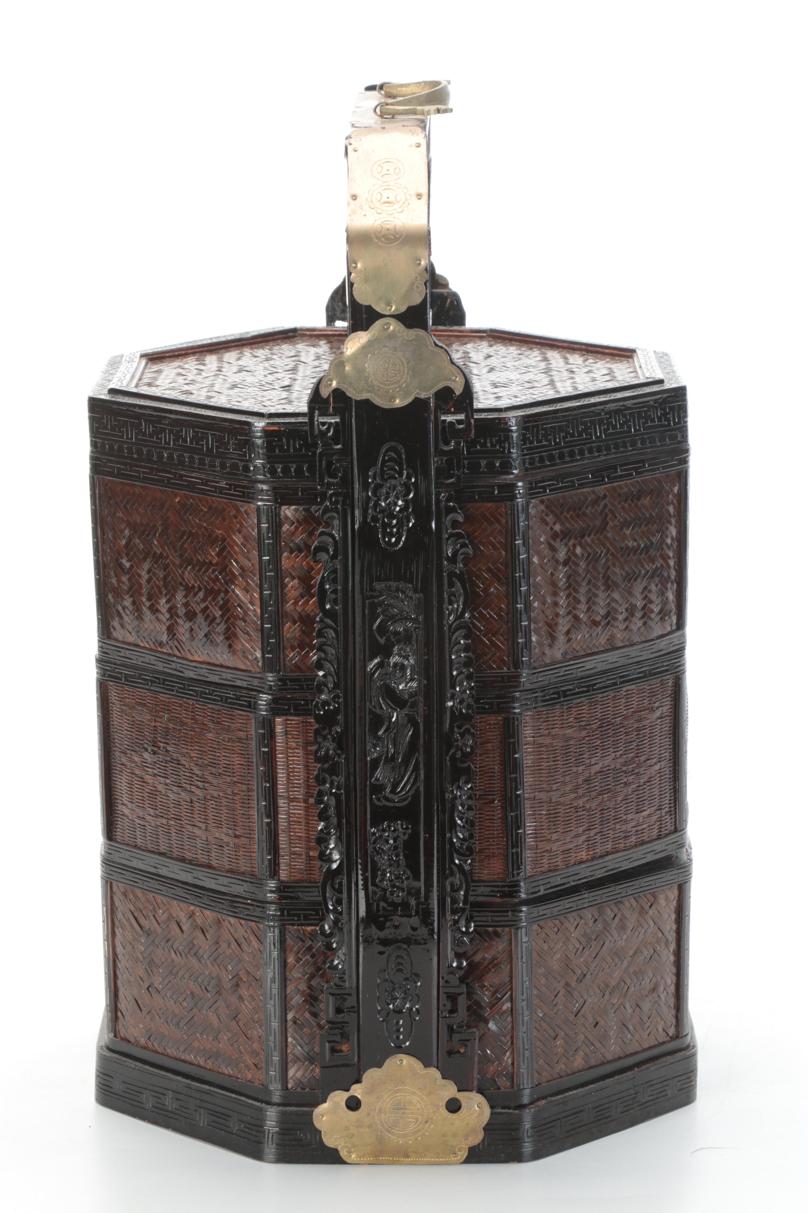 Chinese Wood, Cane and Brass Three-Stack Basket