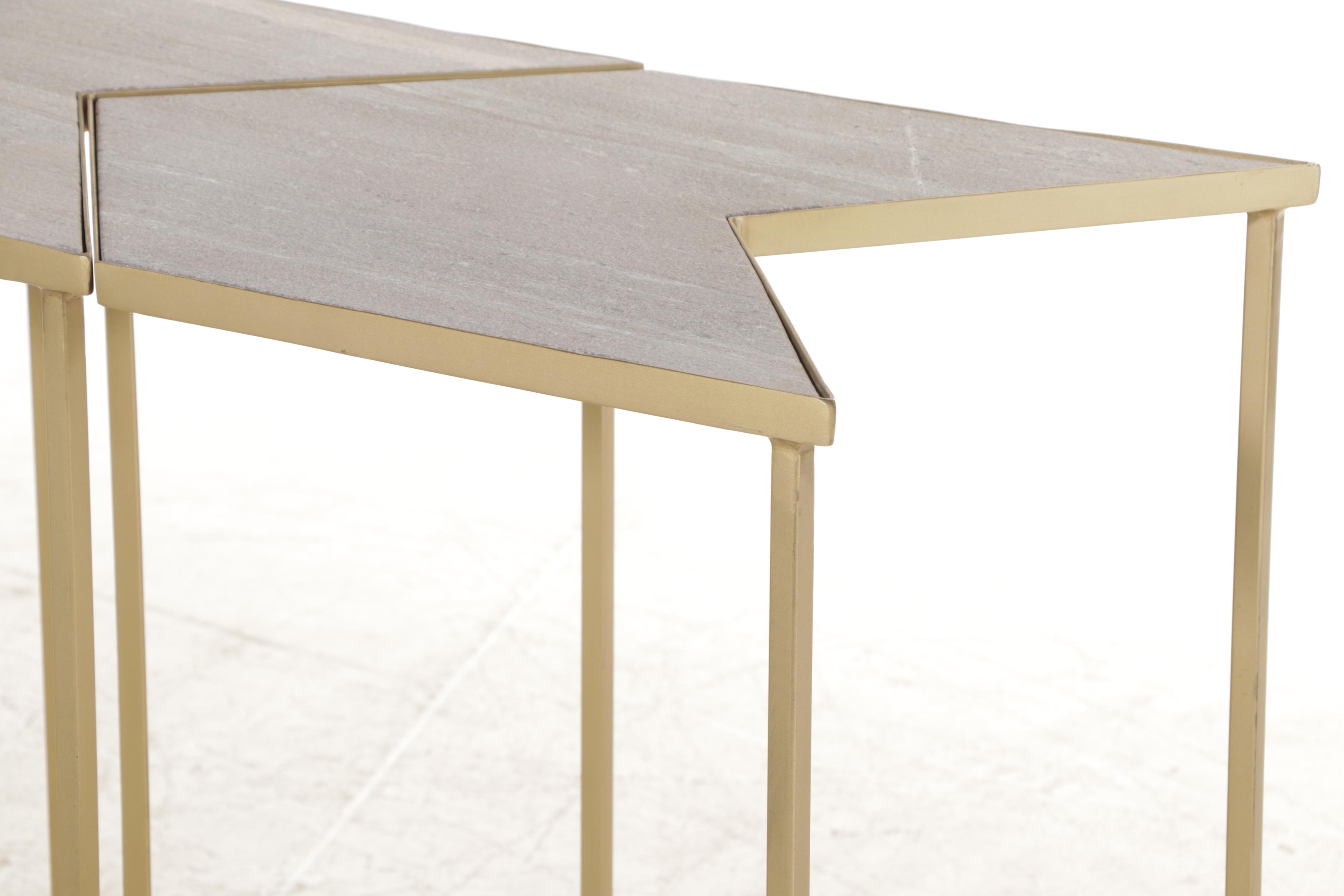 Four Contemporary Chevron-Shaped Stone and Gold-Painted Metal Side Tables