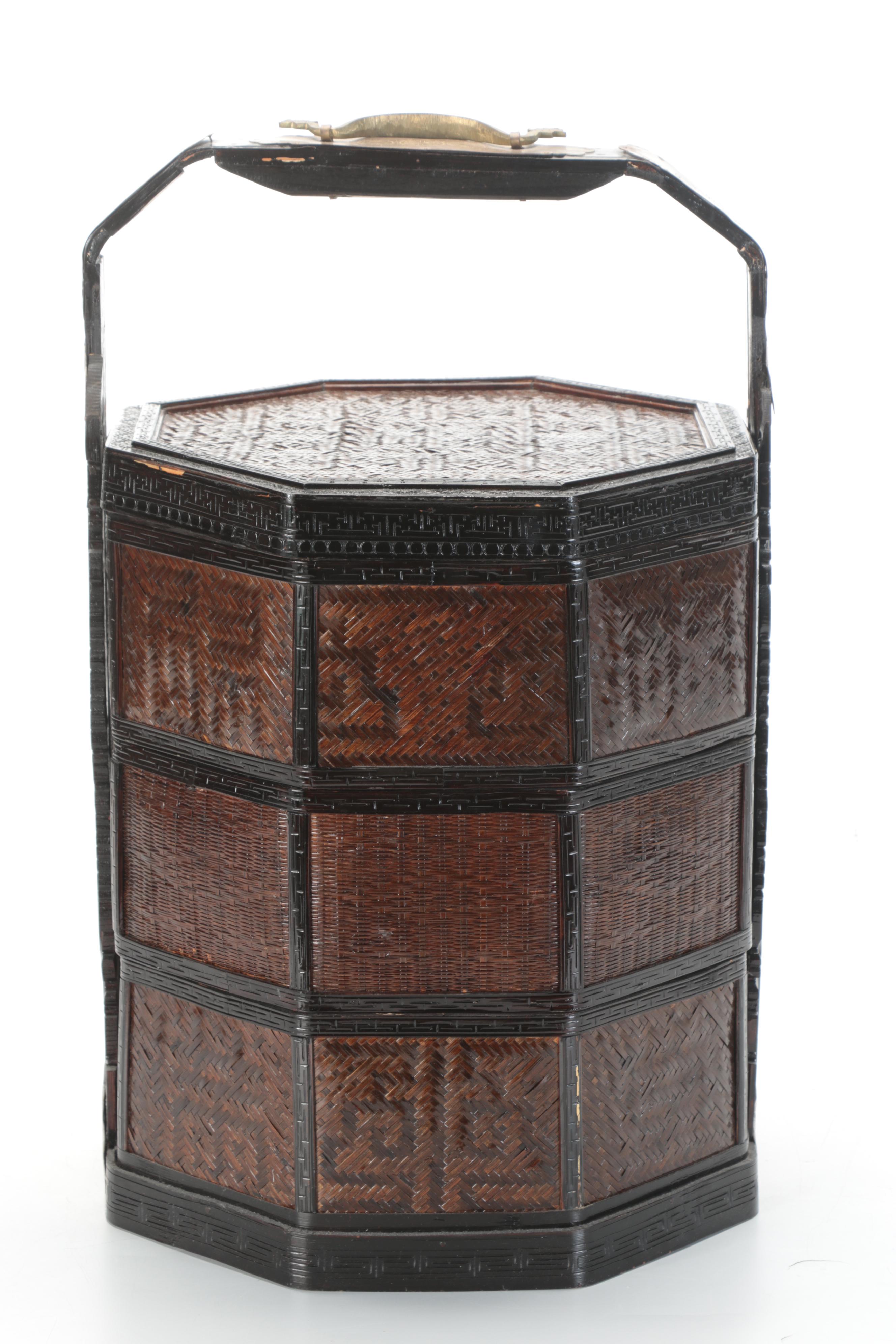 Chinese Wood, Cane and Brass Three-Stack Basket