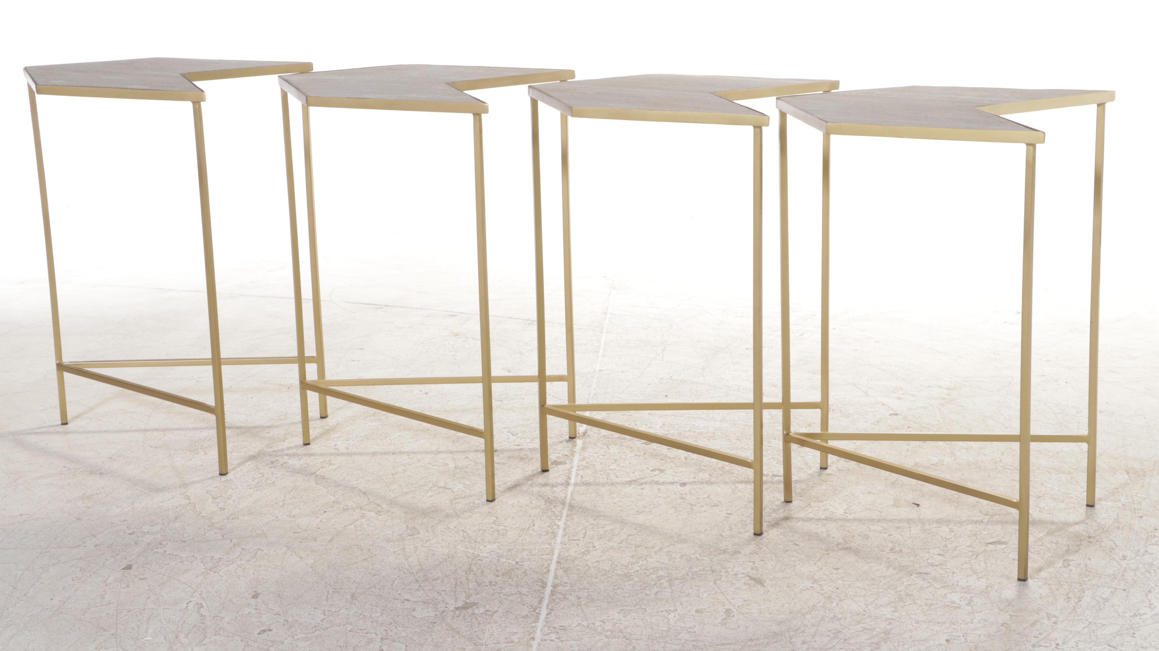 Four Contemporary Chevron-Shaped Stone and Gold-Painted Metal Side Tables