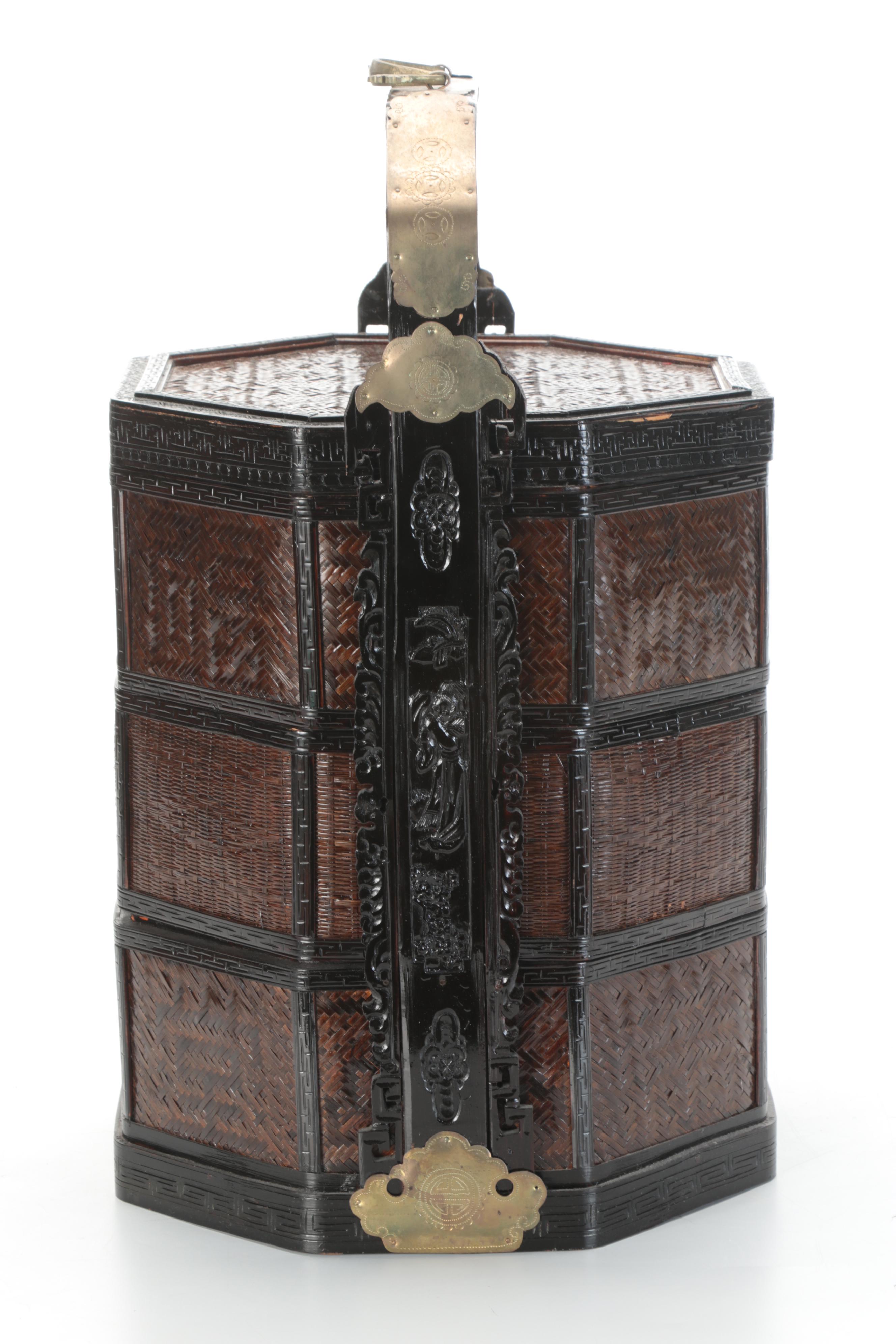 Chinese Wood, Cane and Brass Three-Stack Basket