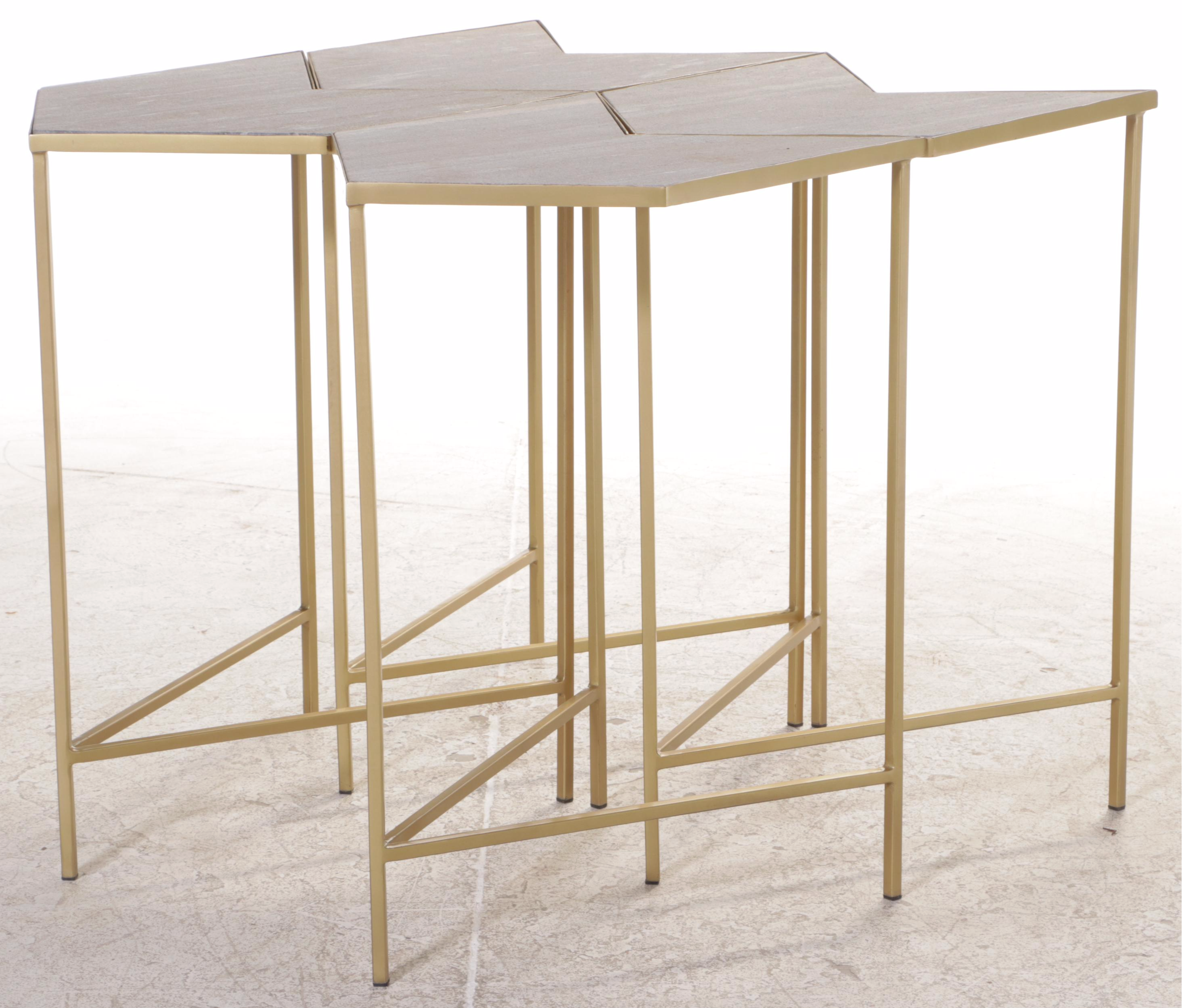 Four Contemporary Chevron-Shaped Stone and Gold-Painted Metal Side Tables