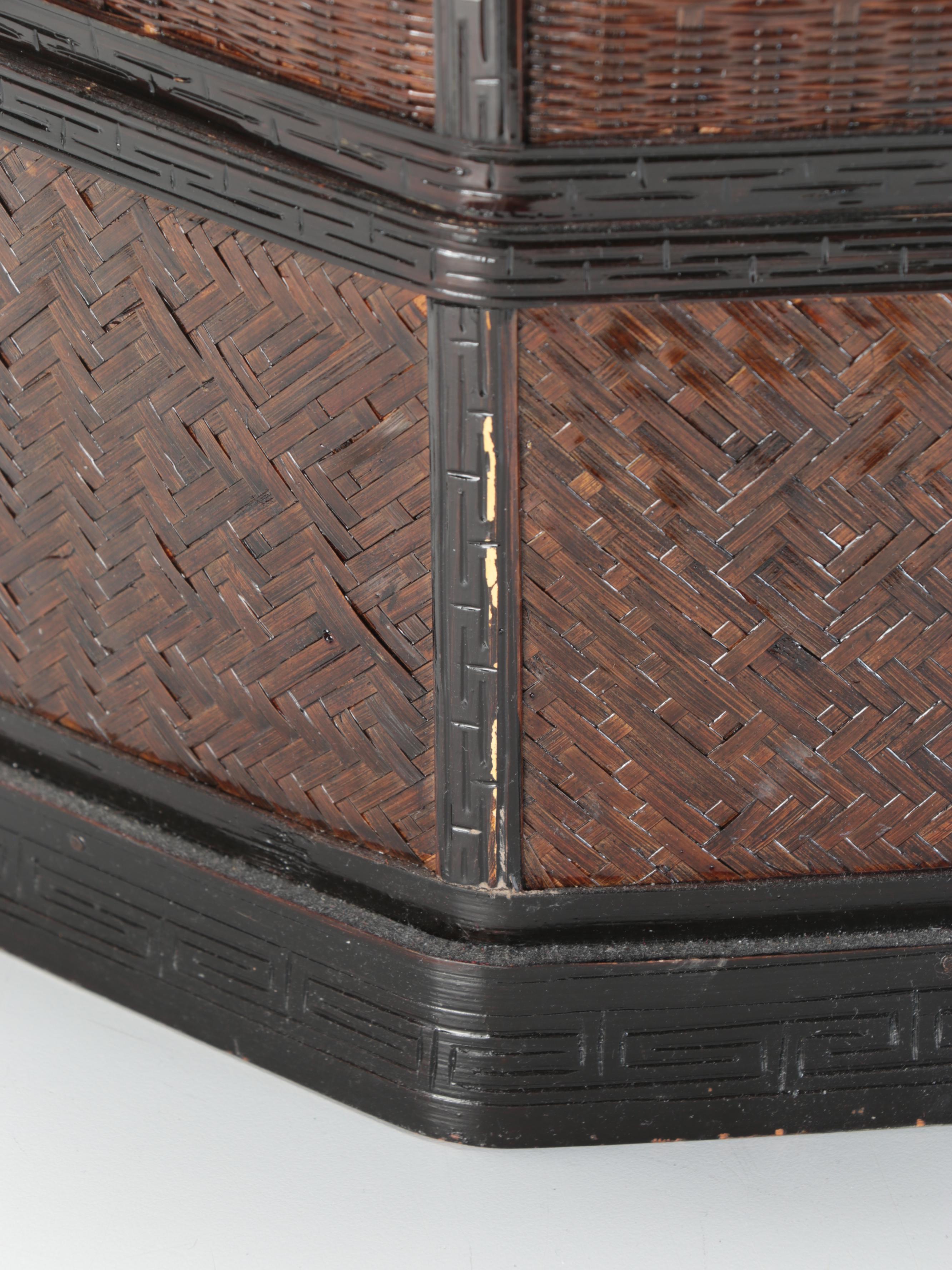 Chinese Wood, Cane and Brass Three-Stack Basket