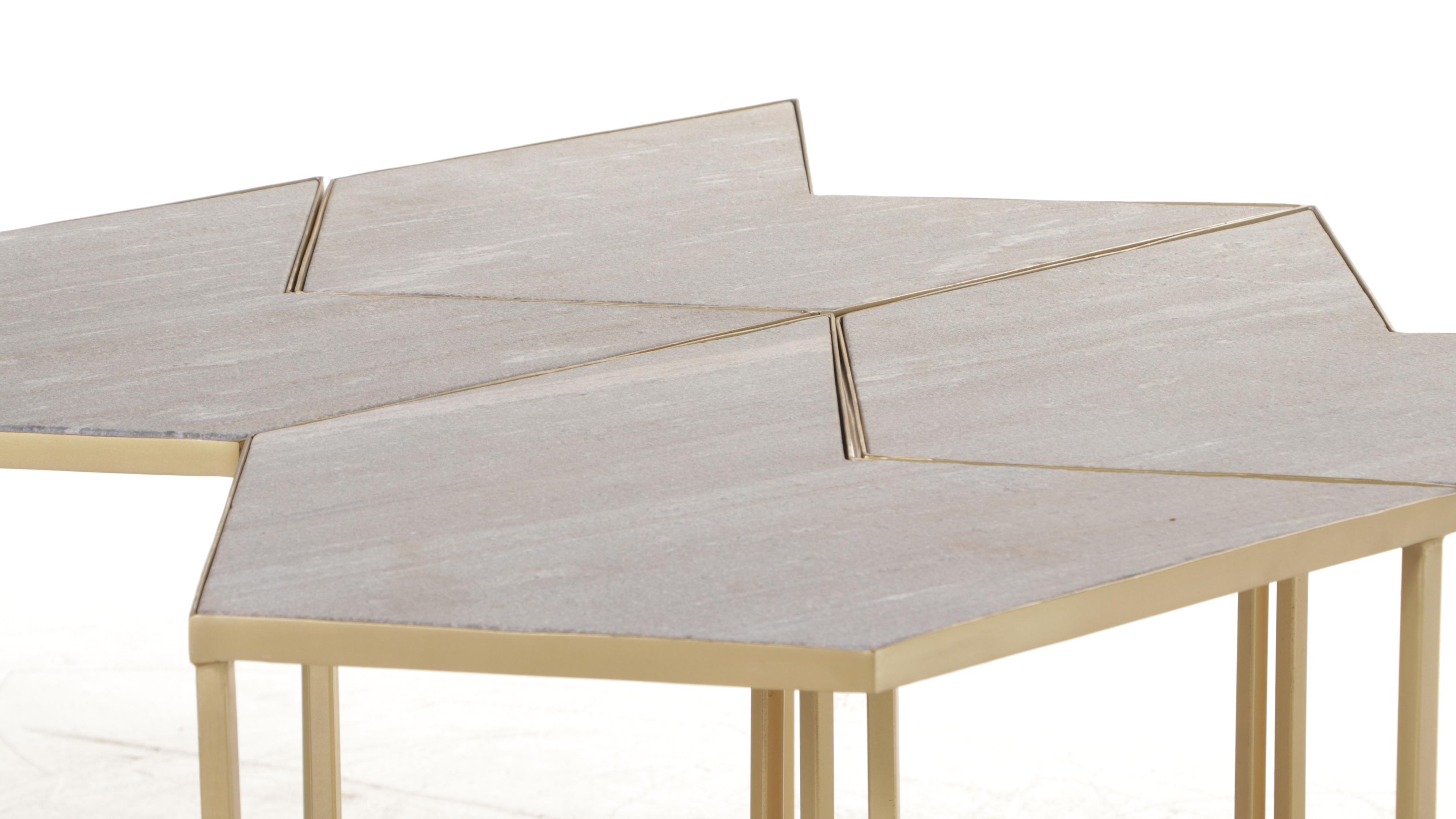 Four Contemporary Chevron-Shaped Stone and Gold-Painted Metal Side Tables