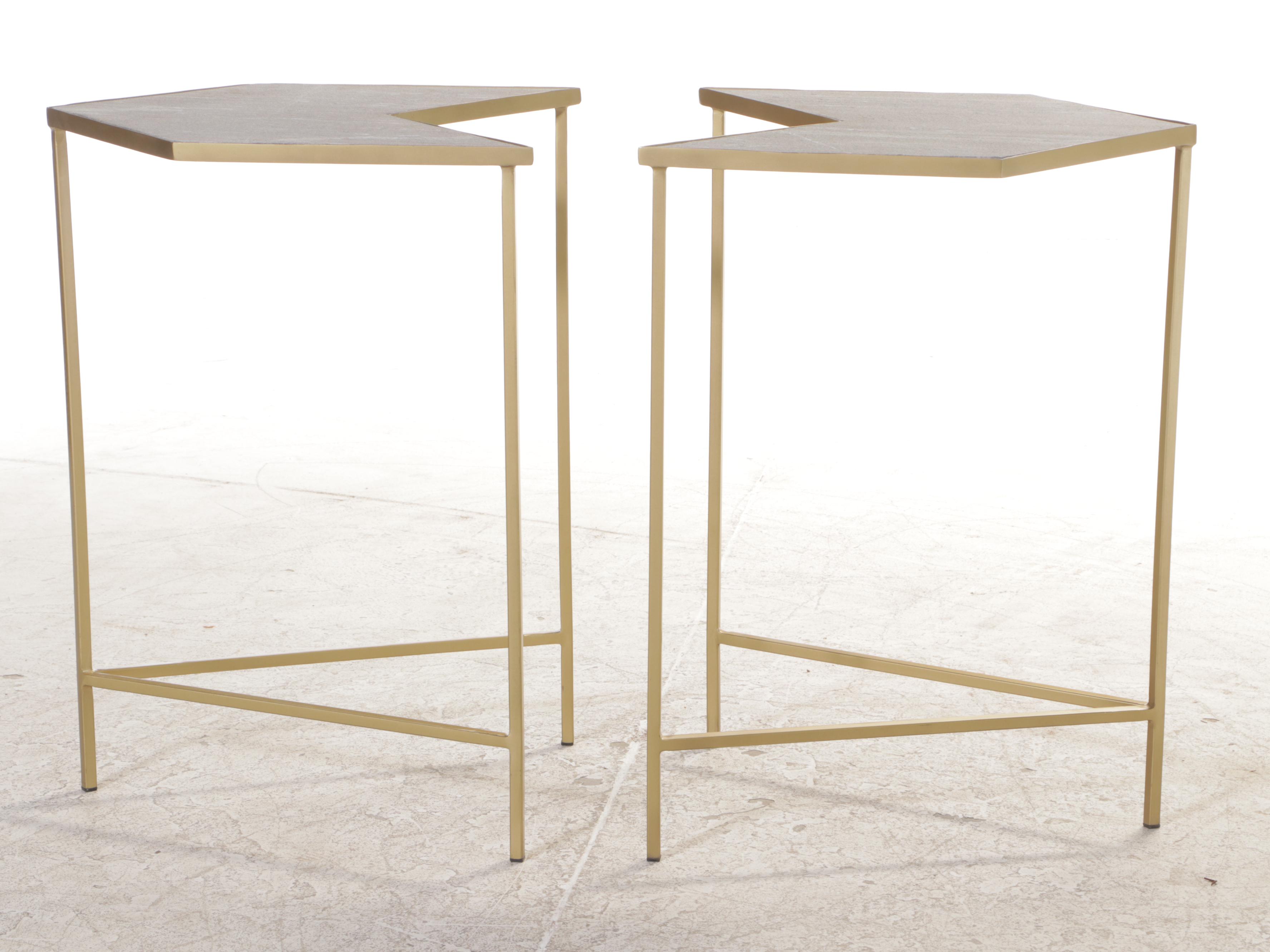 Four Contemporary Chevron-Shaped Stone and Gold-Painted Metal Side Tables