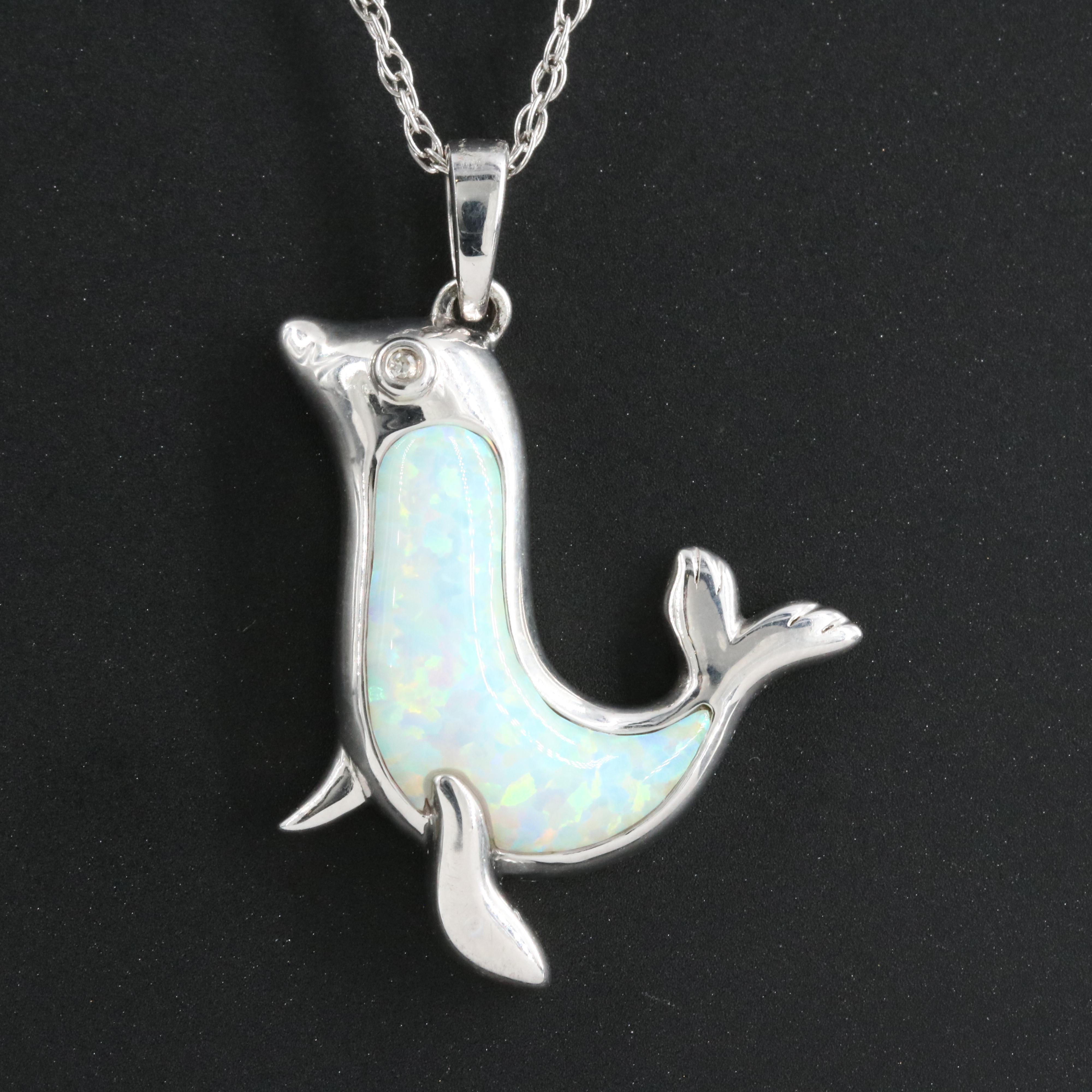 Sterling Opal and Diamond Seal Pendant Necklace