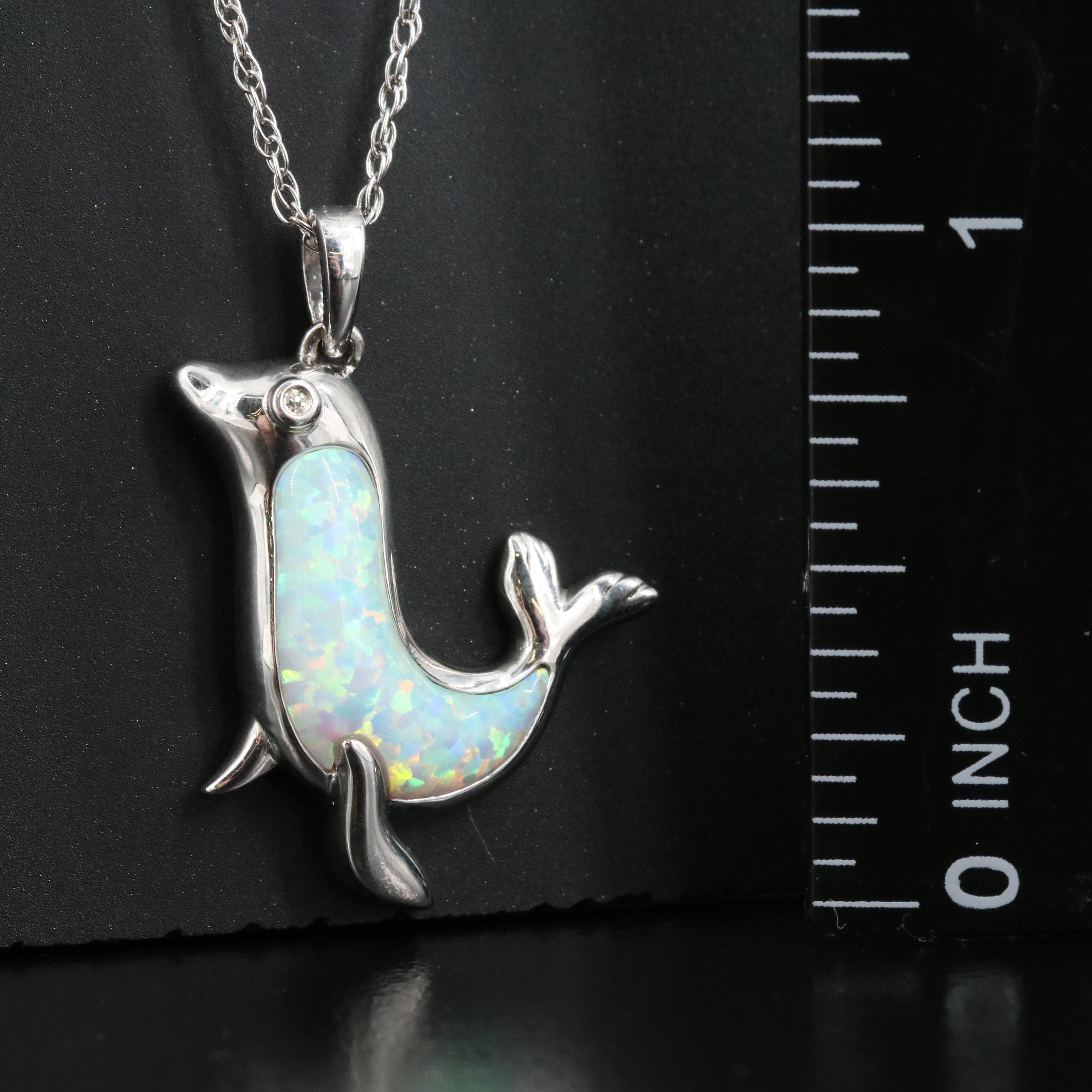 Sterling Opal and Diamond Seal Pendant Necklace