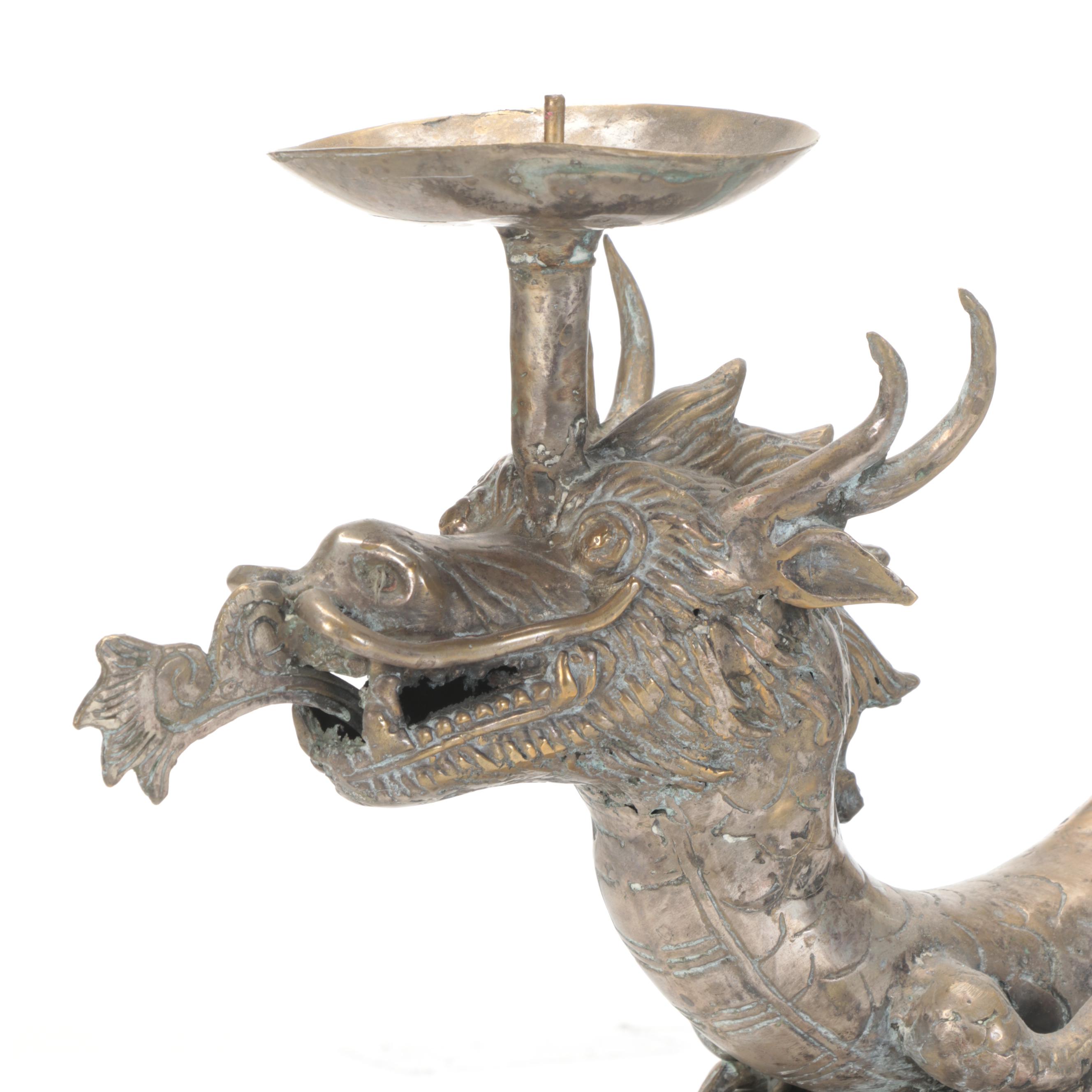 Chinese Style Silvered Metal Figural Dragon Double Pricket Floor Candlestick