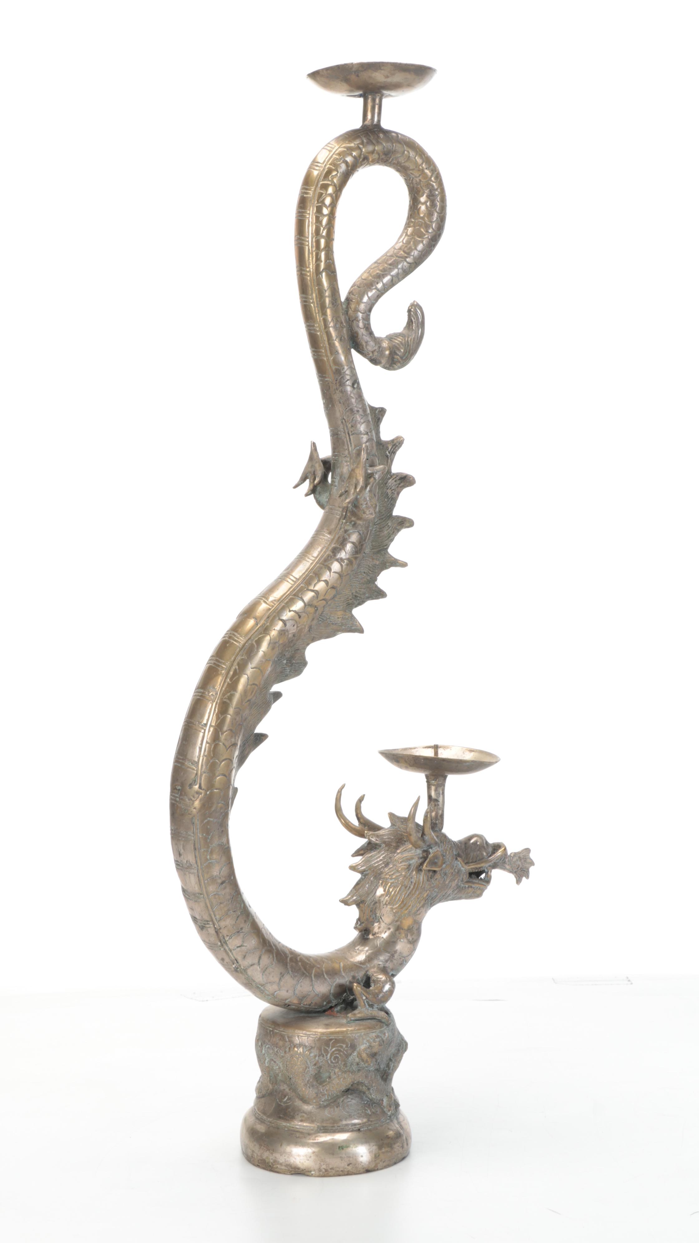 Chinese Style Silvered Metal Figural Dragon Double Pricket Floor Candlestick