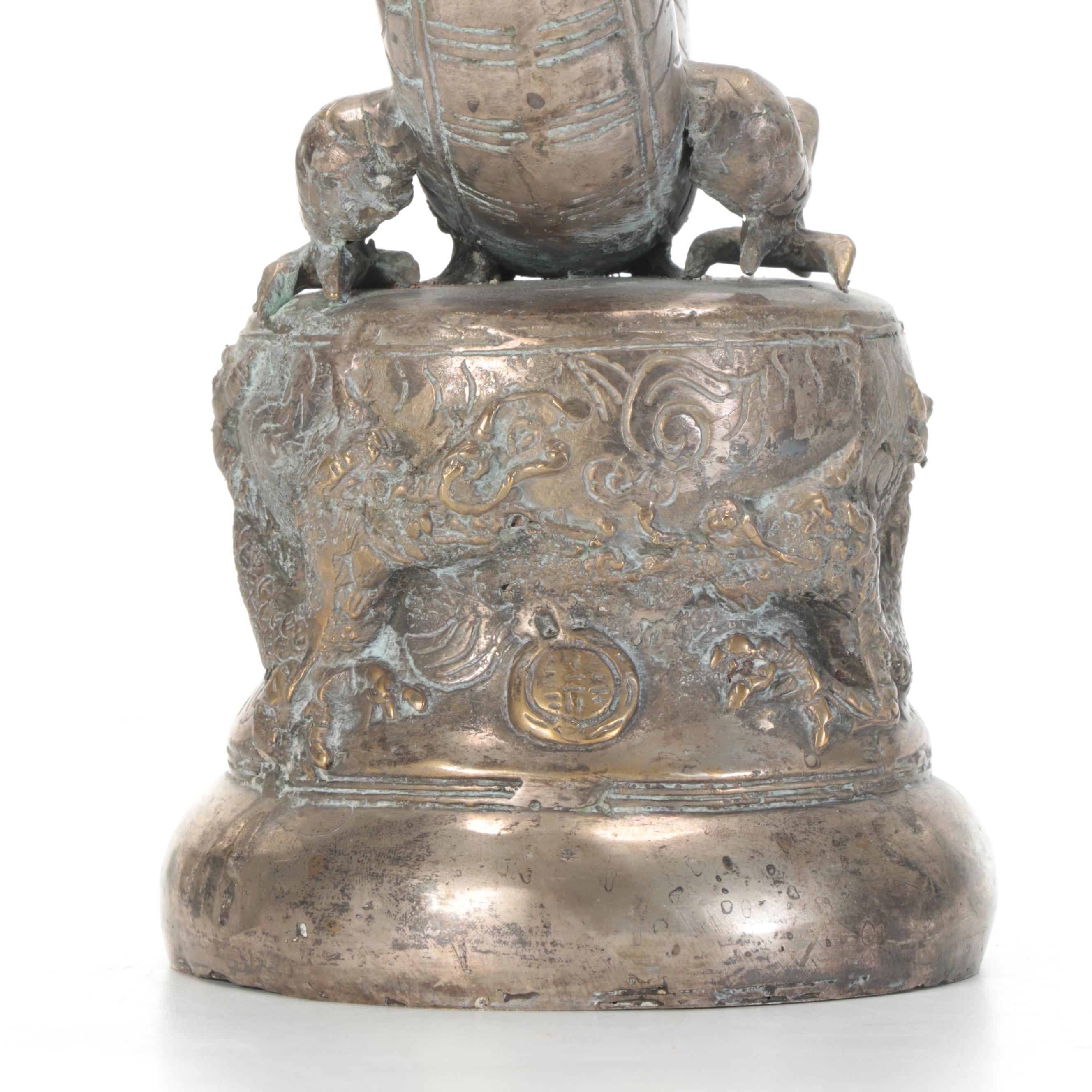 Chinese Style Silvered Metal Figural Dragon Double Pricket Floor Candlestick