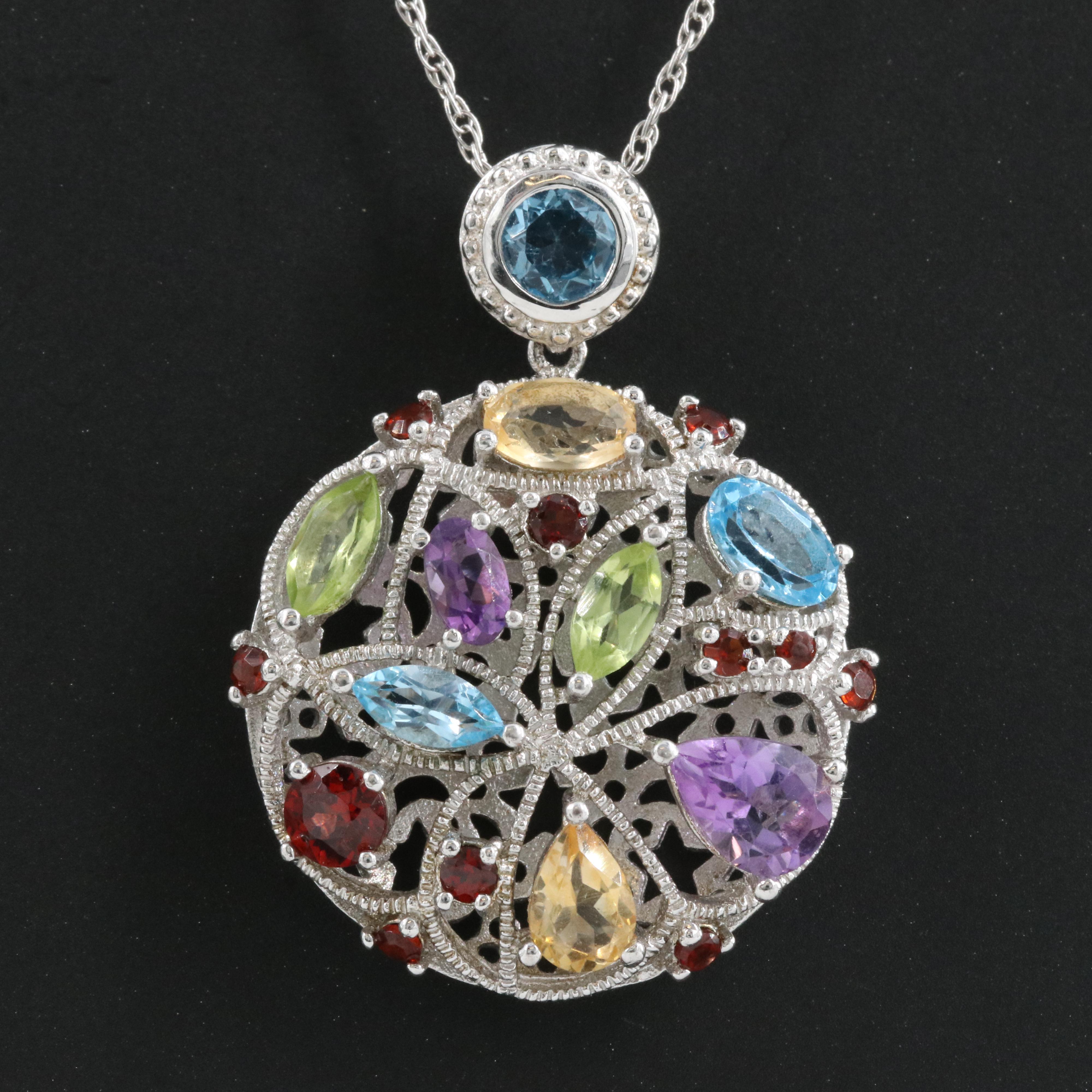 Sterling Pendant Necklace Including Topaz, Peridot, Citrine