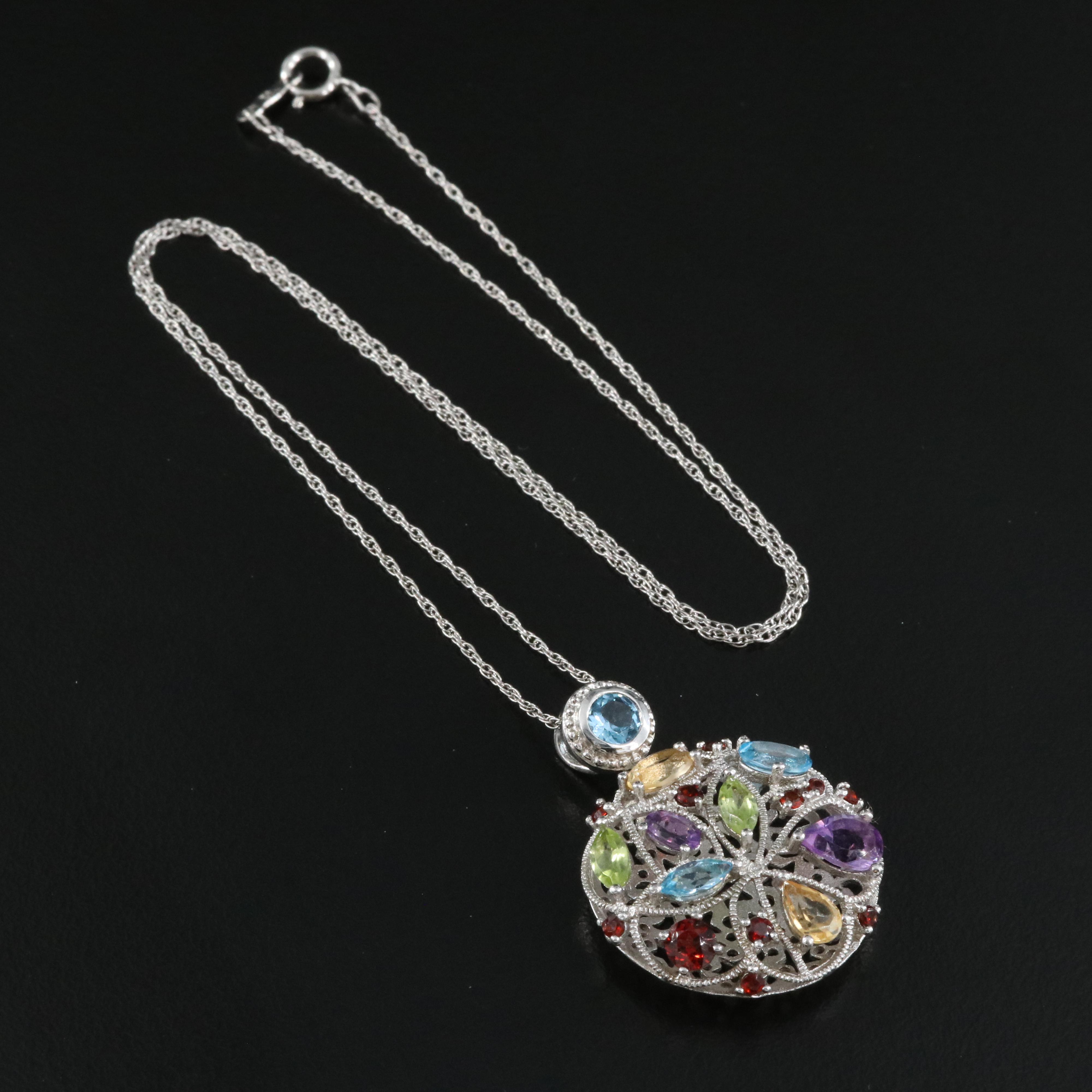 Sterling Pendant Necklace Including Topaz, Peridot, Citrine