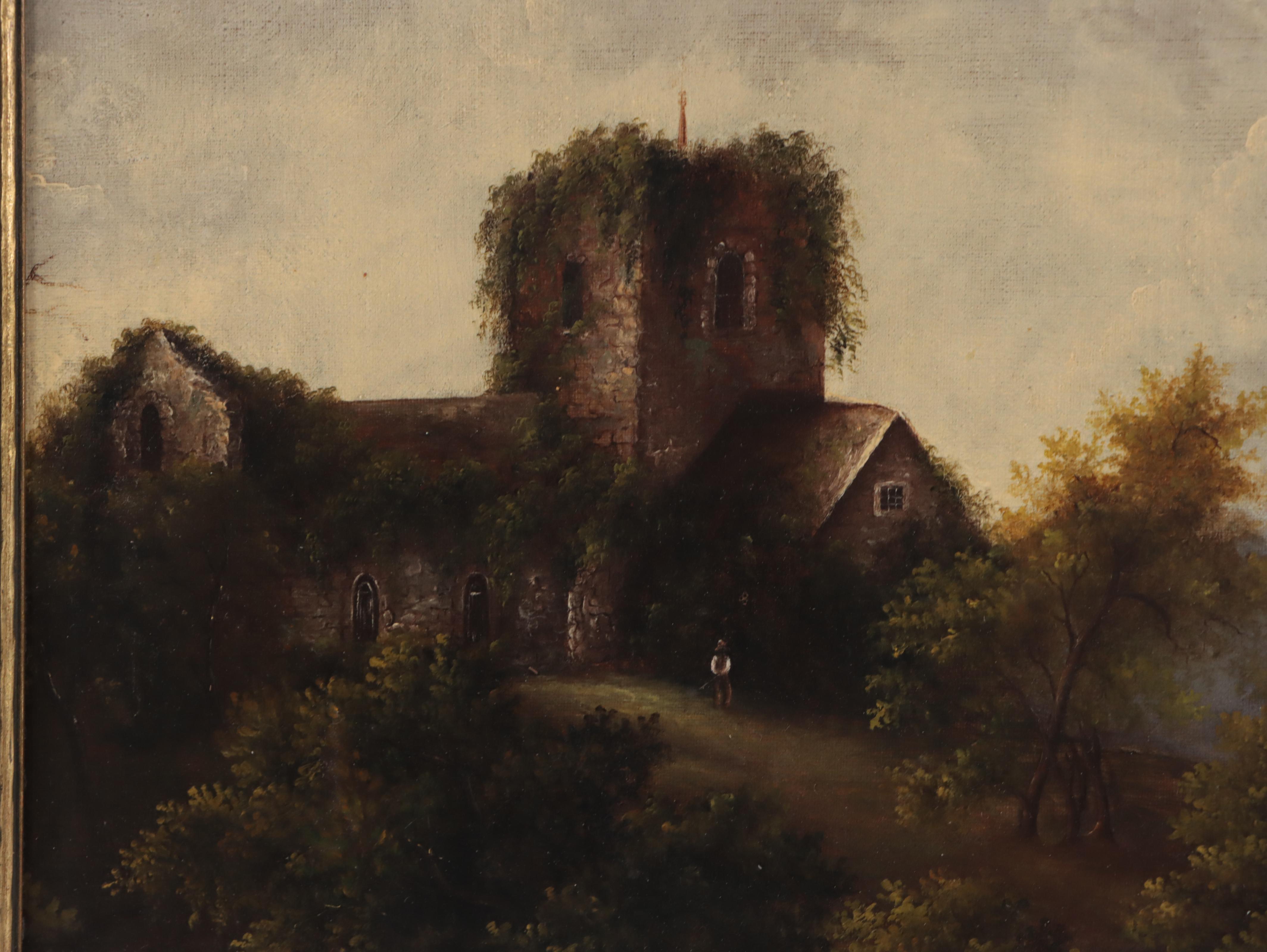 Landscape Oil Painting of Riverside Cottage, 19th Century