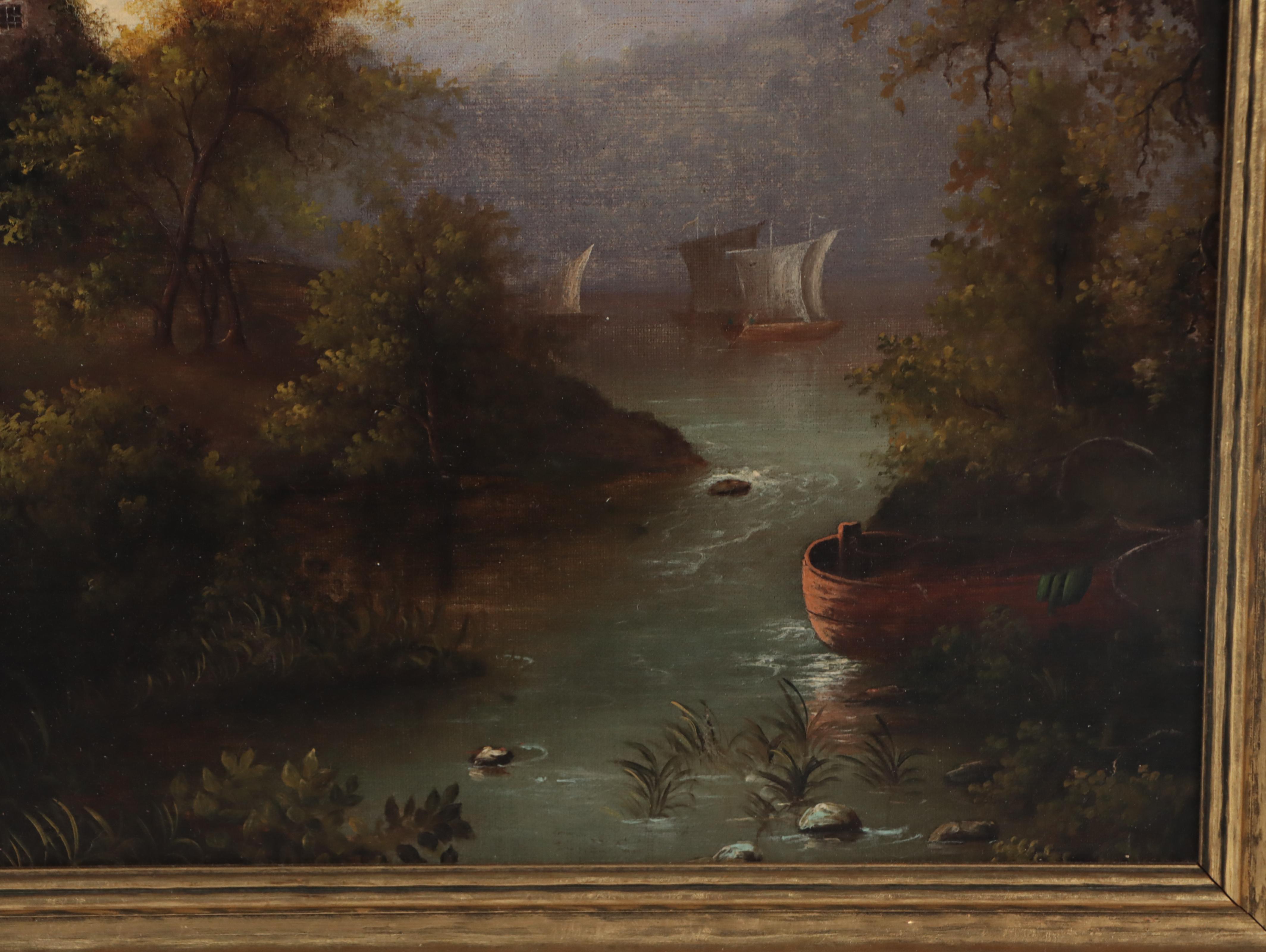 Landscape Oil Painting of Riverside Cottage, 19th Century