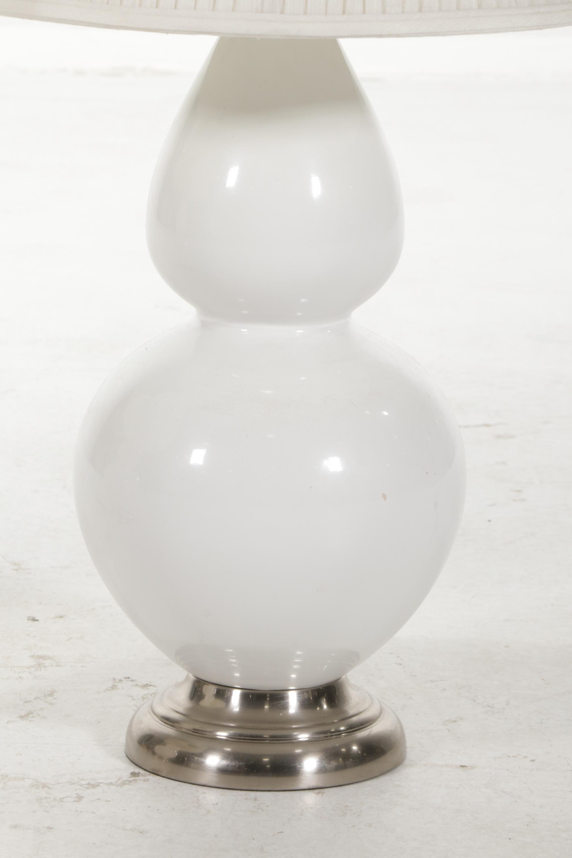 White Glass Double Gourd Table Lamp Pair, Late 20th Century