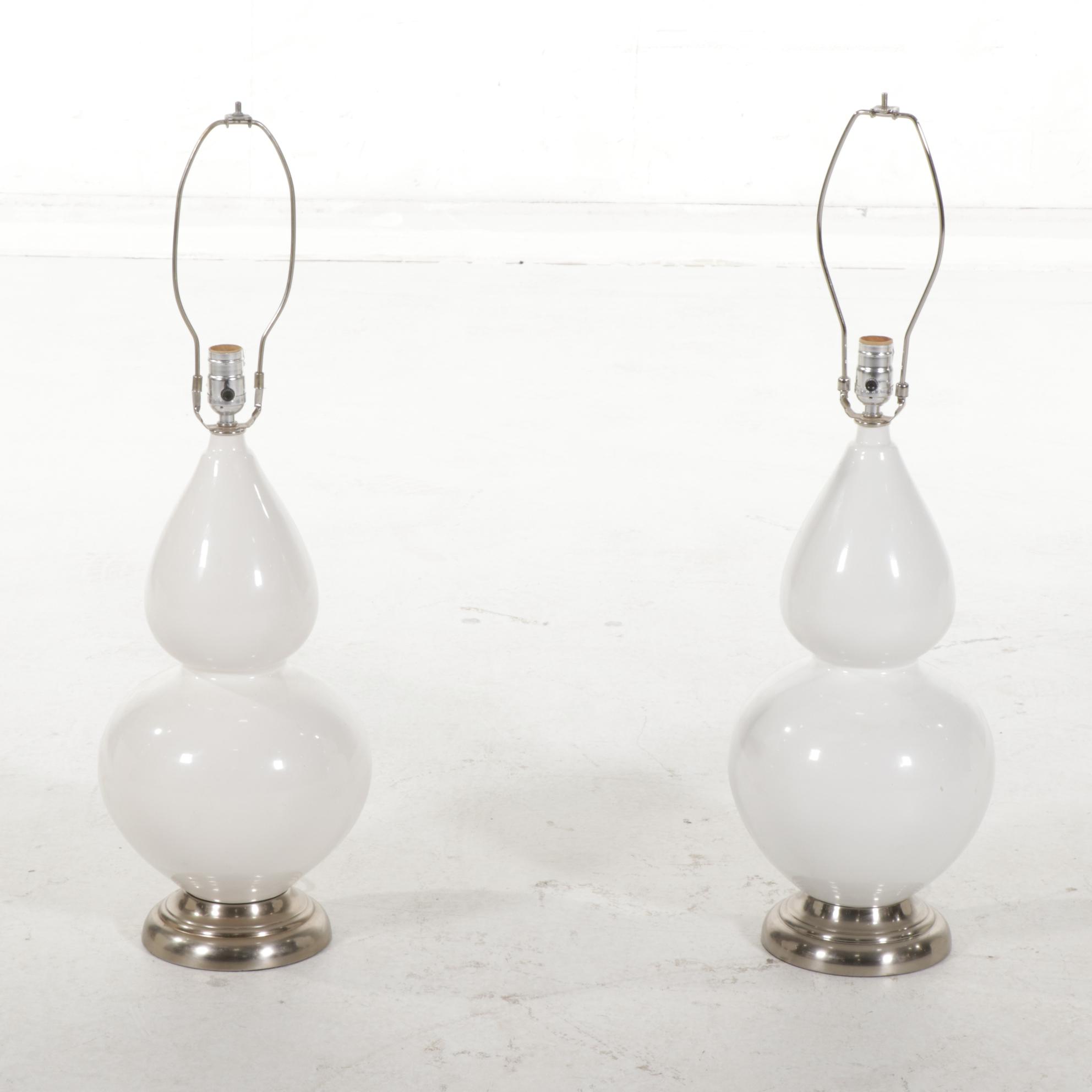White Glass Double Gourd Table Lamp Pair, Late 20th Century