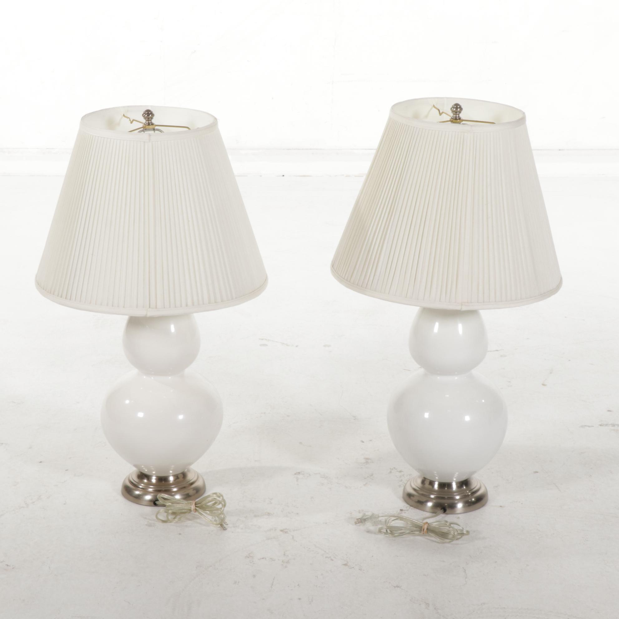 White Glass Double Gourd Table Lamp Pair, Late 20th Century