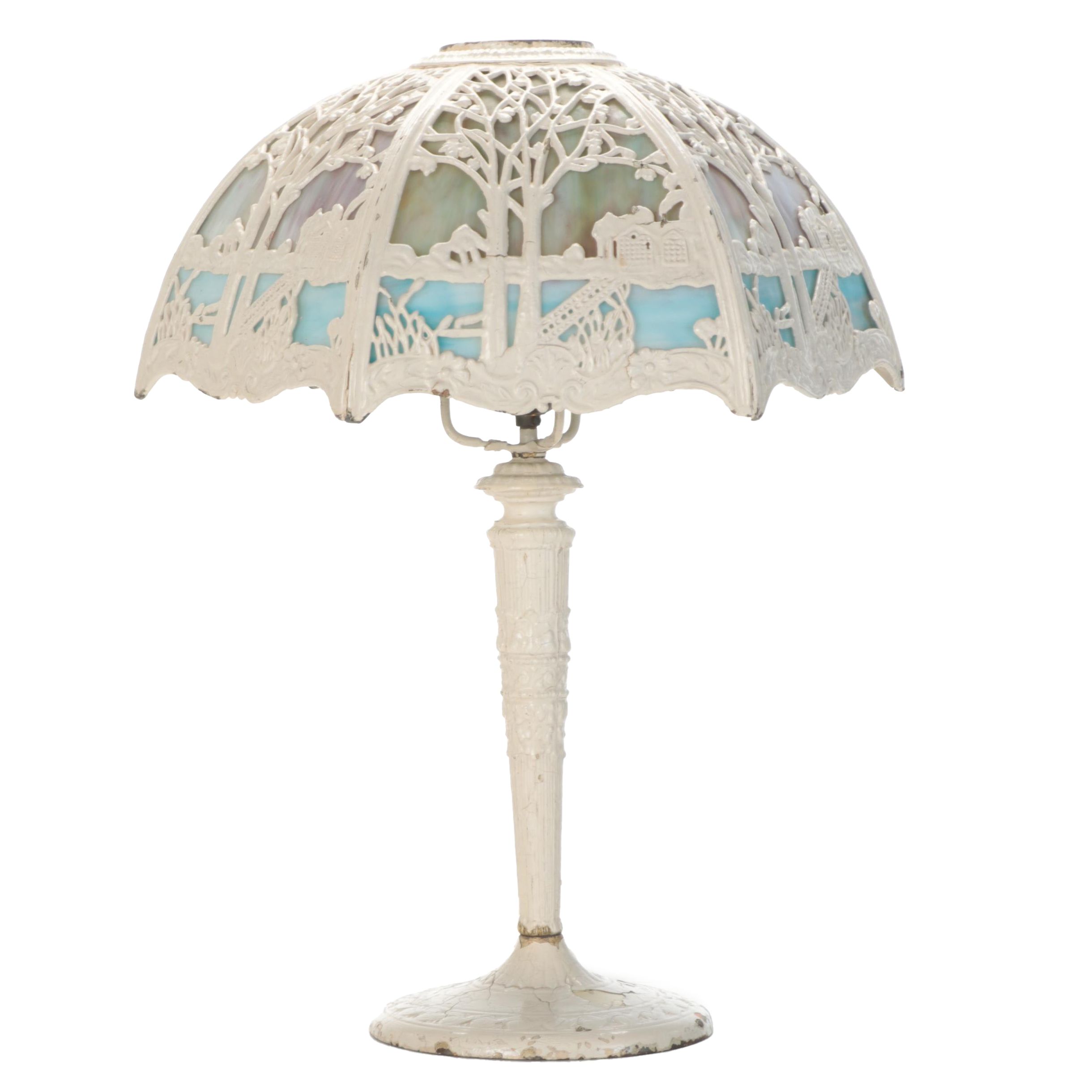 Miller White Enameled Spelter Lamp with Slag Glass Shade, Early 20th Century
