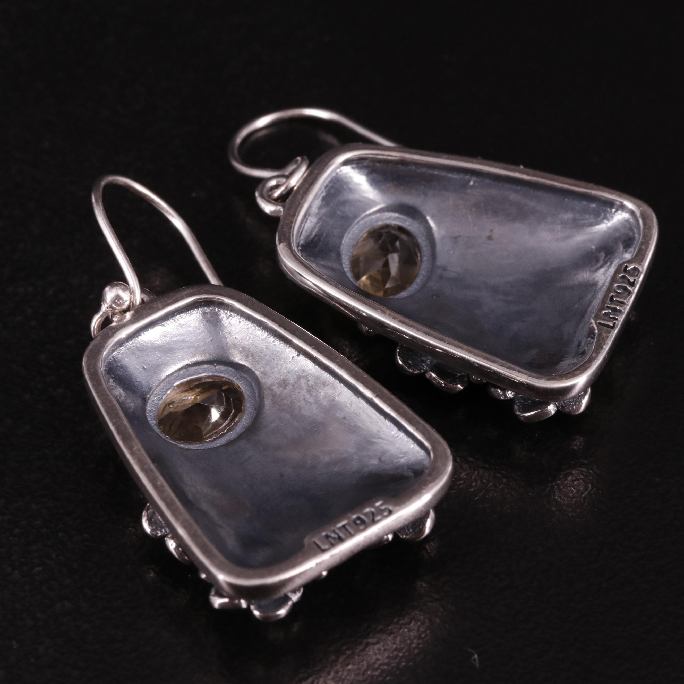 Sterling Citrine Floral Panel Drop Earrings