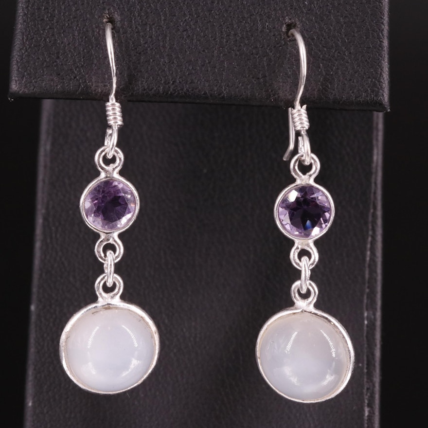 Sterling Moonstone and Amethyst Drop Earrings