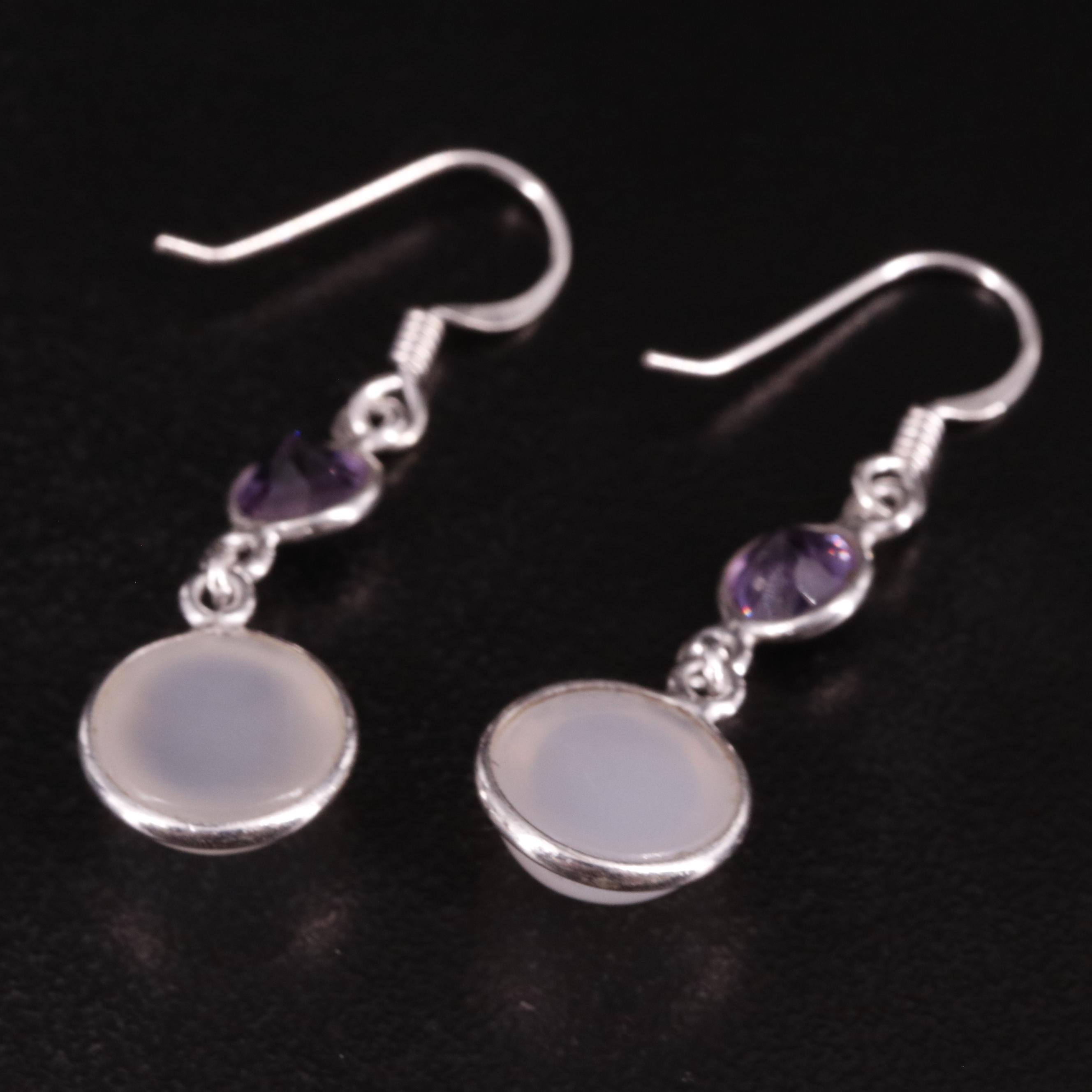 Sterling Moonstone and Amethyst Drop Earrings