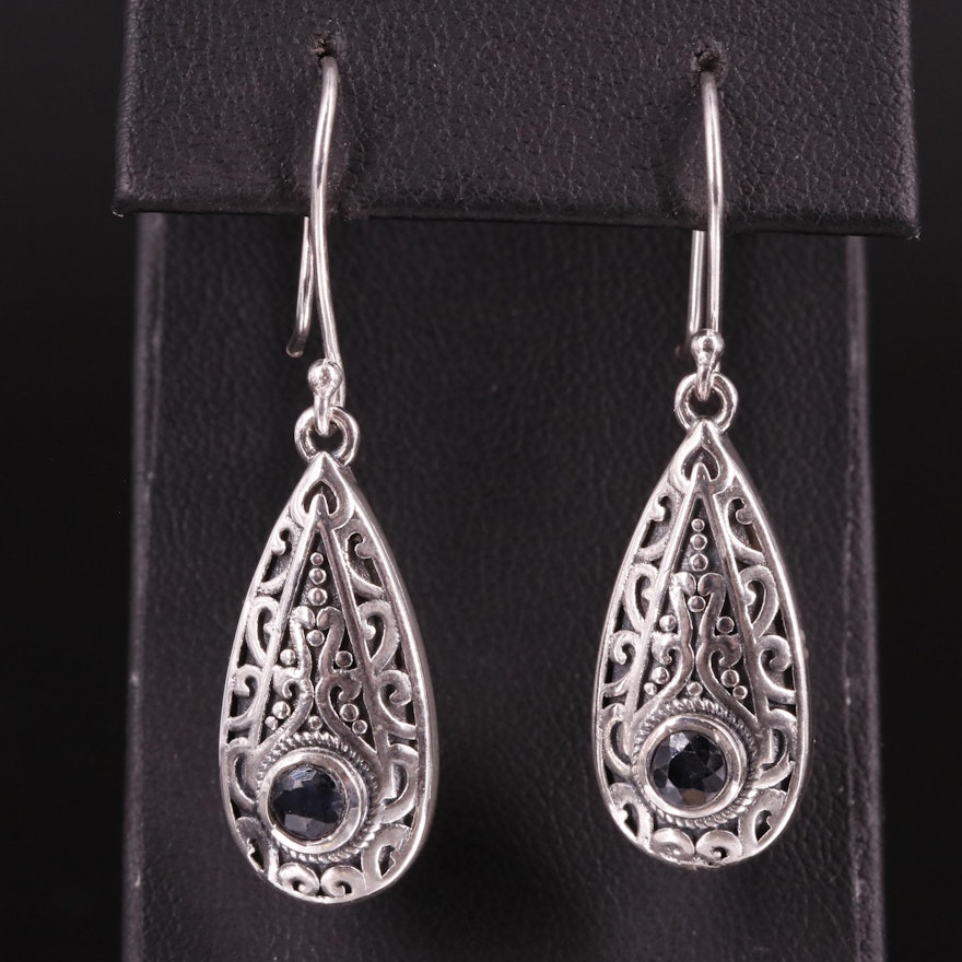 Sterling Sapphire Scrollwor Drop Earrings