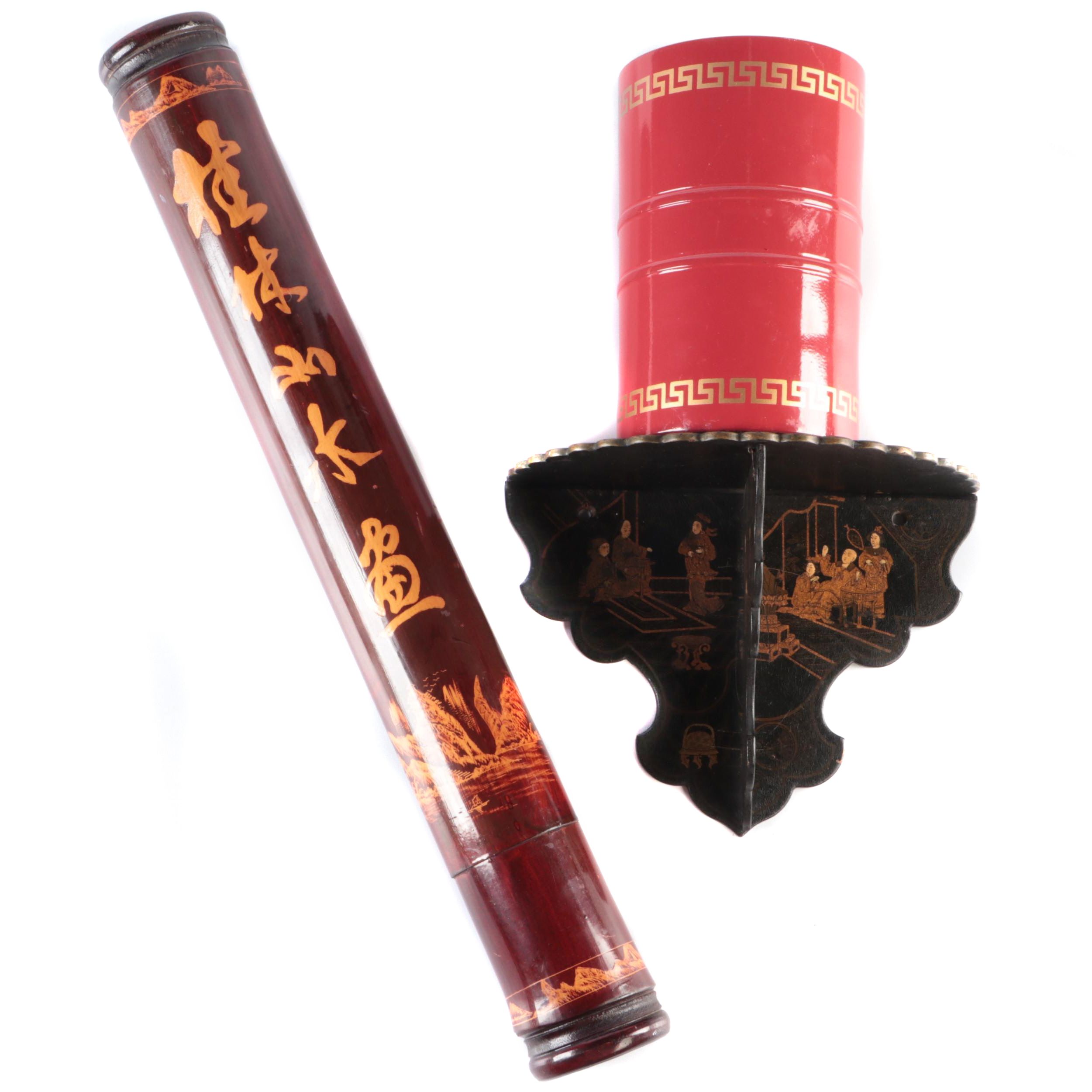 Ballard Designs Round Box, Paint Decorated Wall Shelf With Bamboo Tube Box