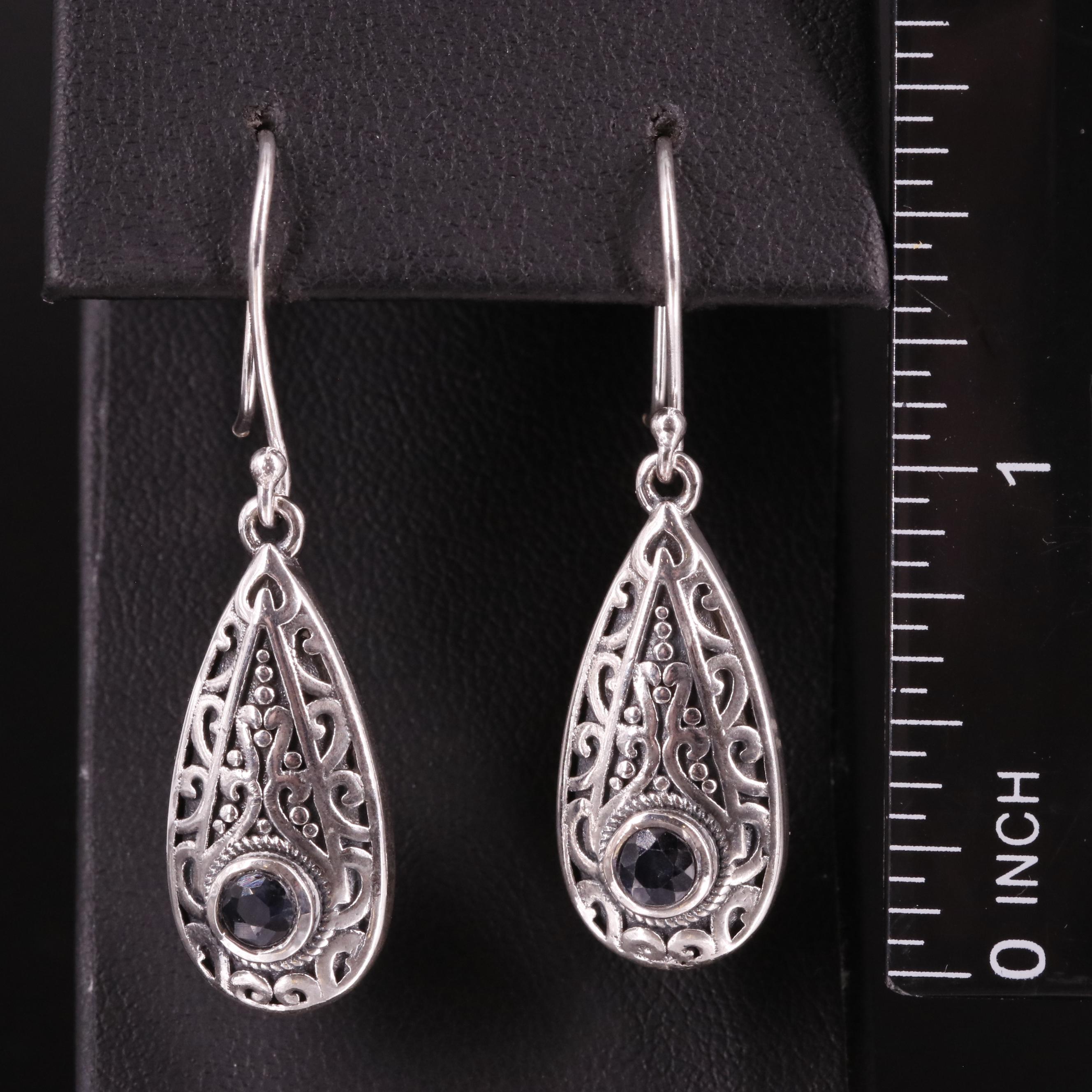 Sterling Sapphire Scrollwor Drop Earrings