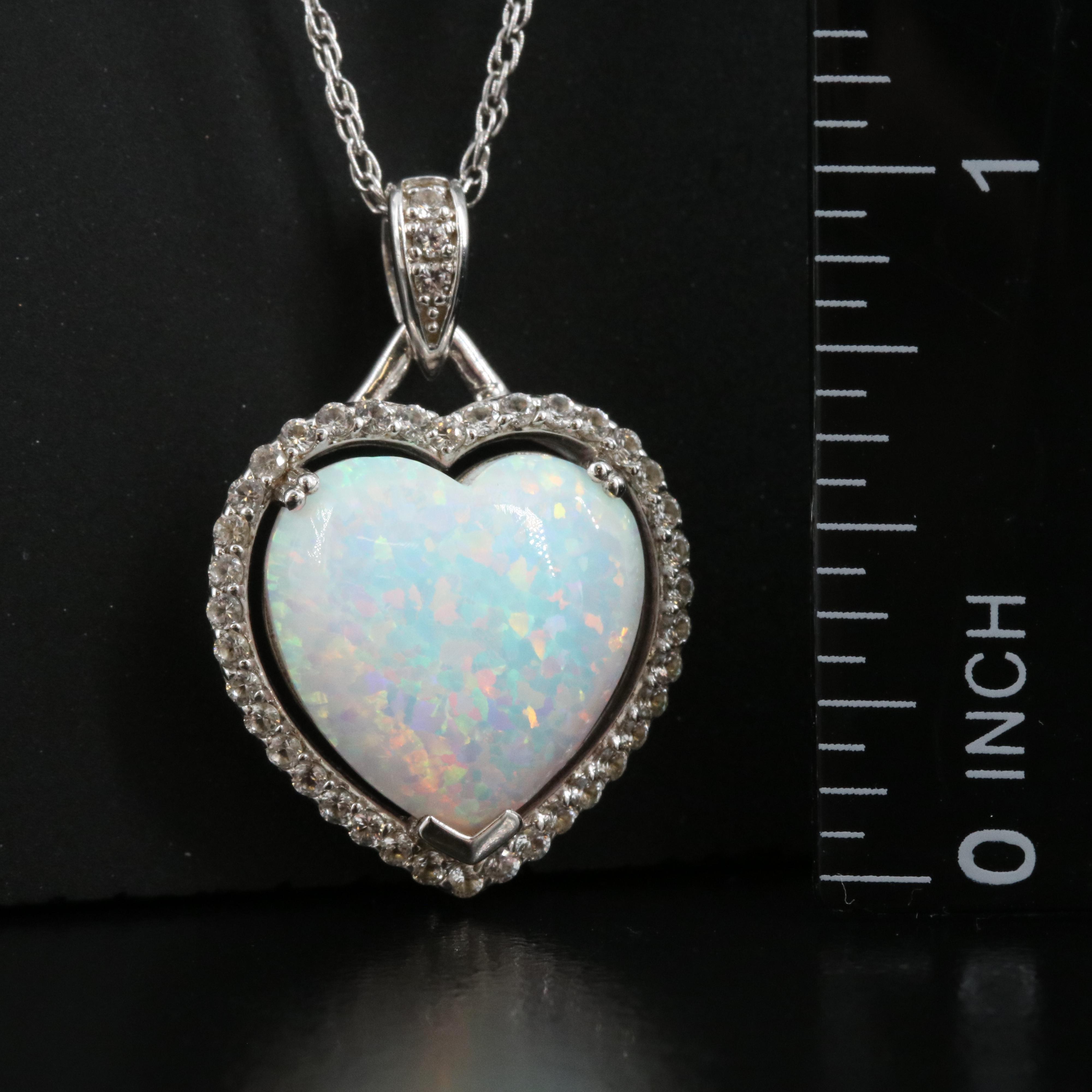 Sterling Opal and Sapphire Heart Pendant Necklace