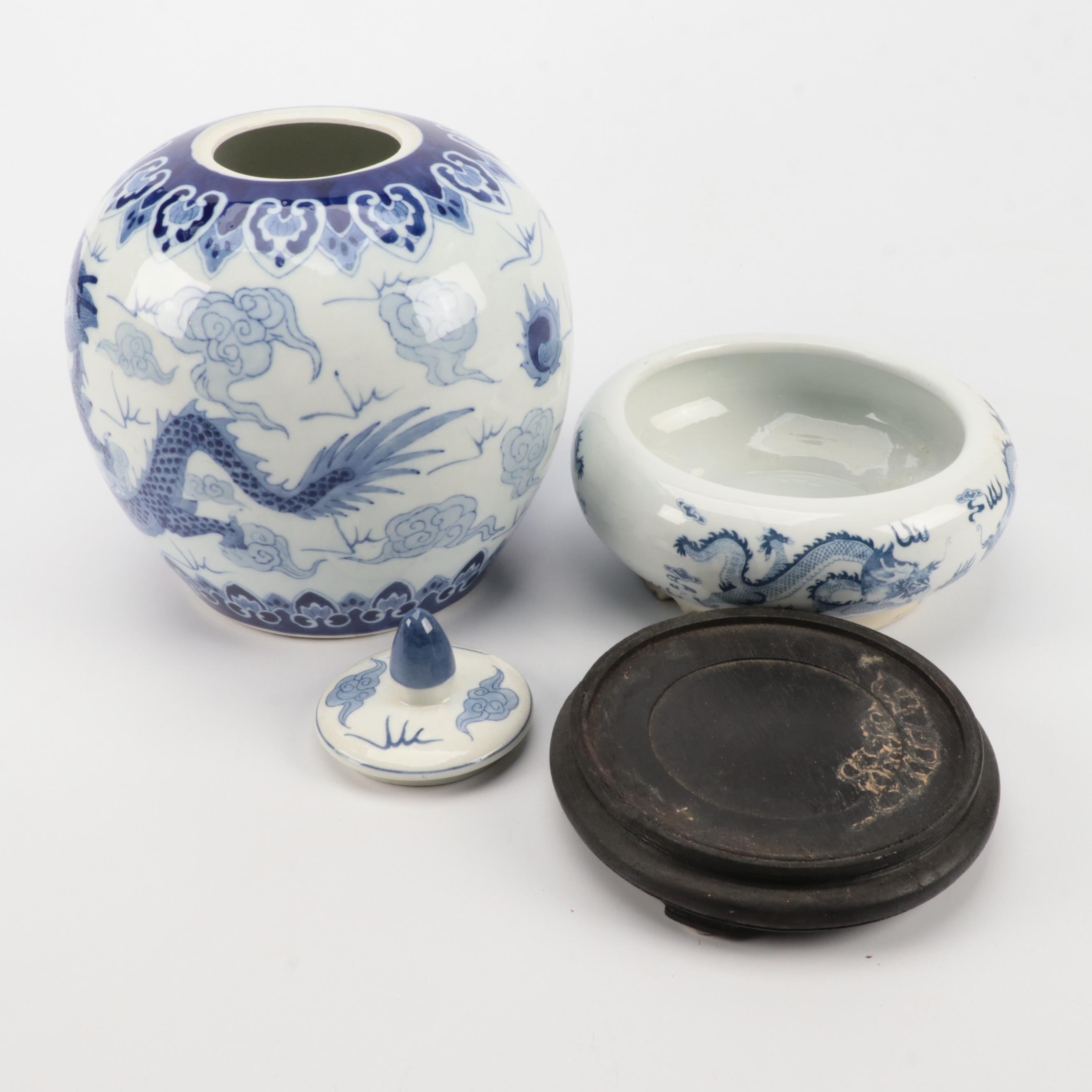 Chinese Porcelain Blue and White Melon Jar and Low Bowl