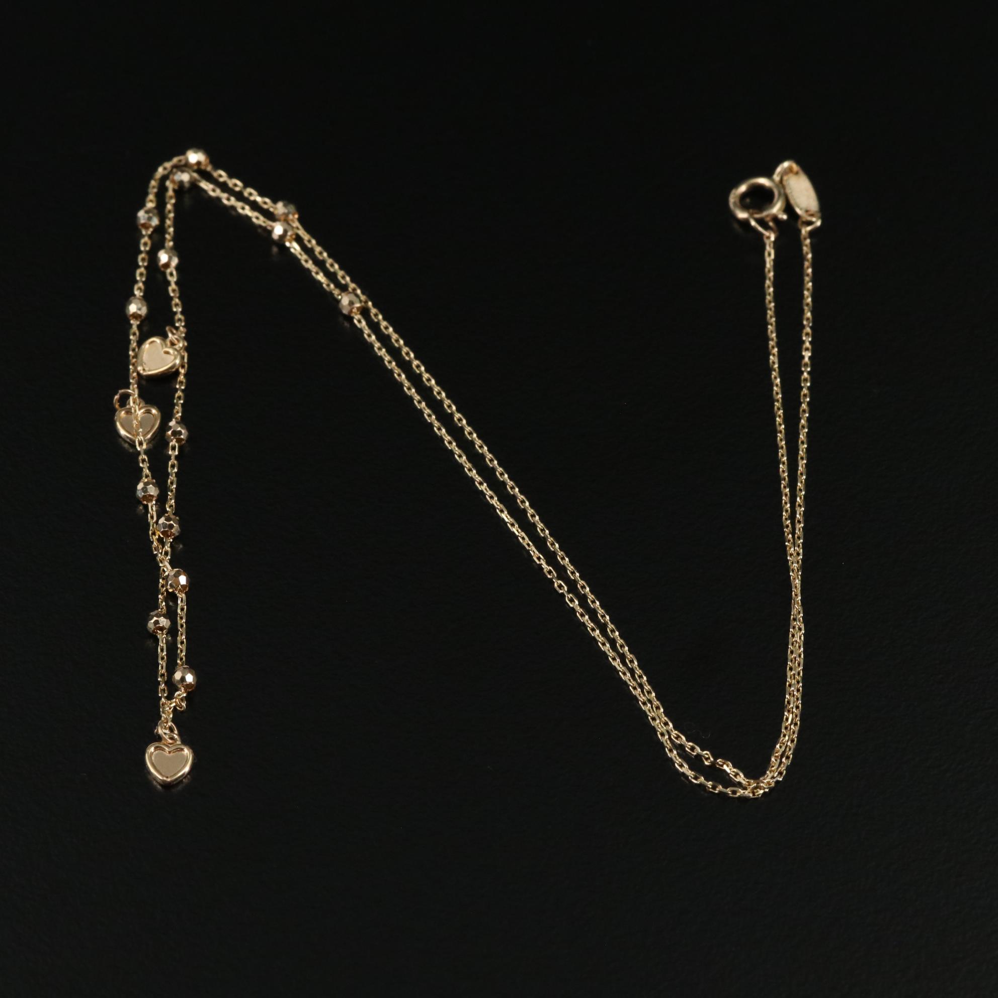 14K Stationary Beads with Dangling Hearts Necklace