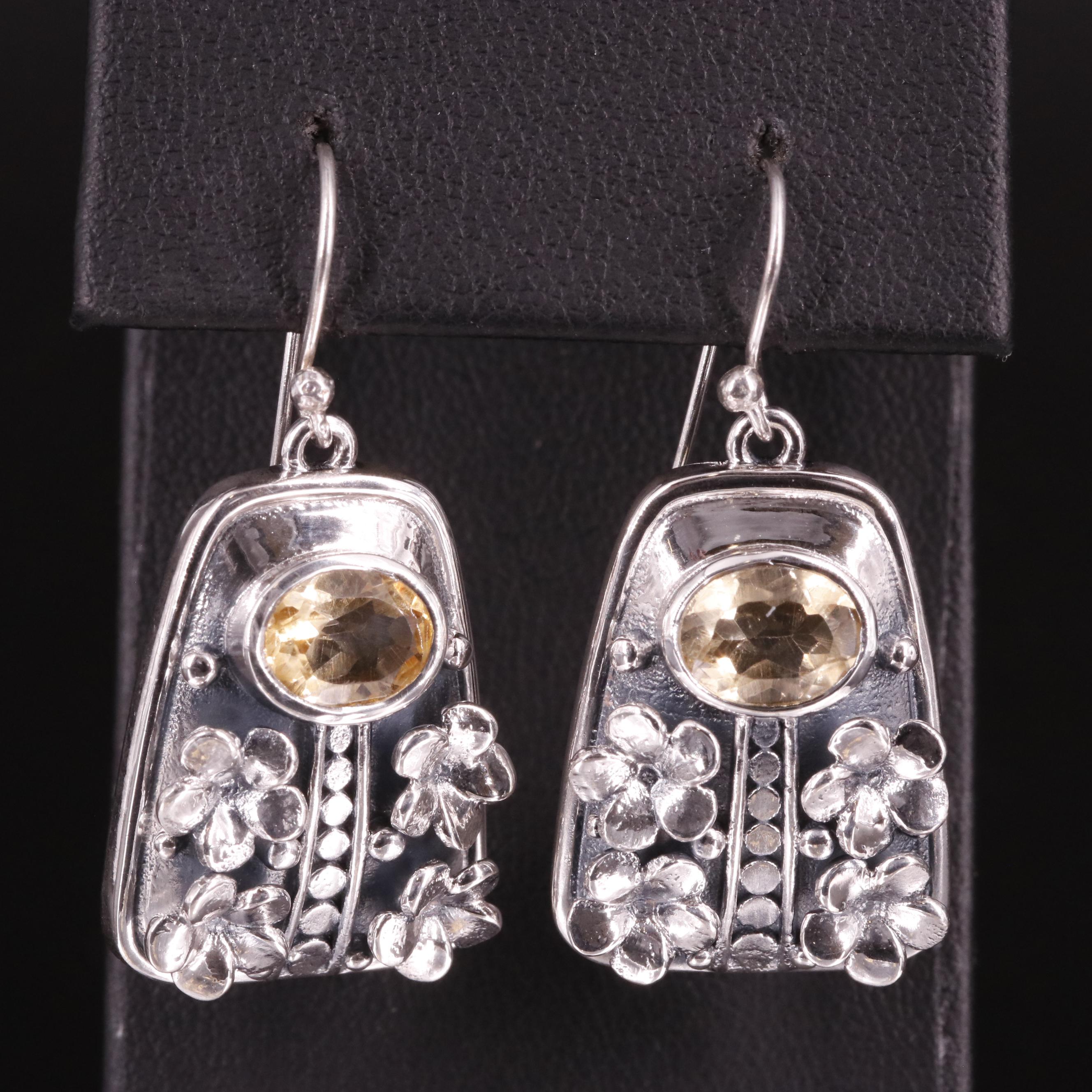 Sterling Citrine Floral Panel Drop Earrings